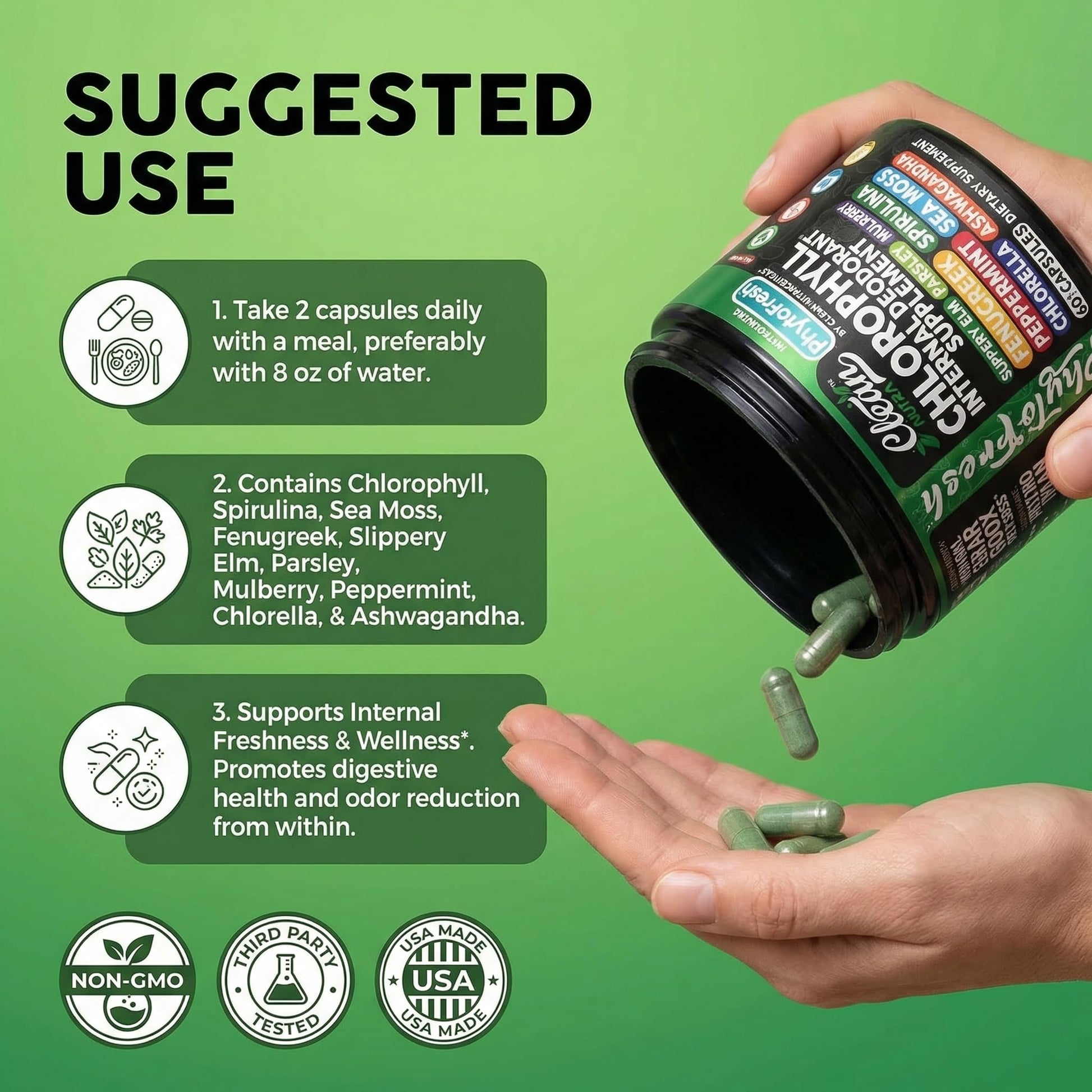Clean Nutra Chlorophyll Capsules Supplement Internal Deodorant Peppermint, Sea Moss, Parsley, Chlorella, Spirulina, Slippery Elm, Ashwagandha, PhytoFresh Greens Detox Pills Clean NutraceuticalsAu supplements