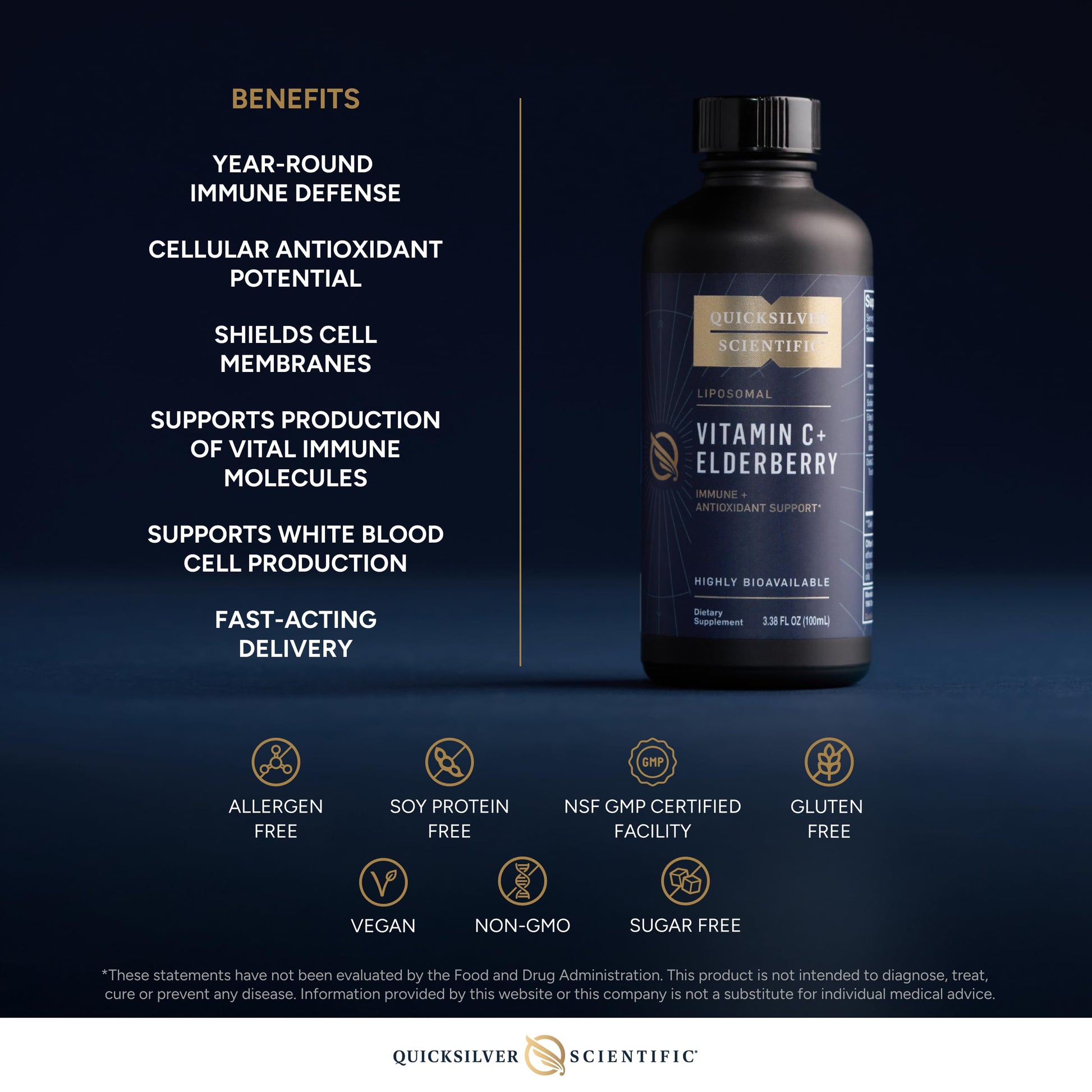 Quicksilver Scientific Liposomal Vitamin C + Elderberry - 1000mg with Superior Absorption Technology & Tocotrienols - Antioxidant & Immune Support Tonic (100ml), 1 Item Quicksilver ScientificUS supplements