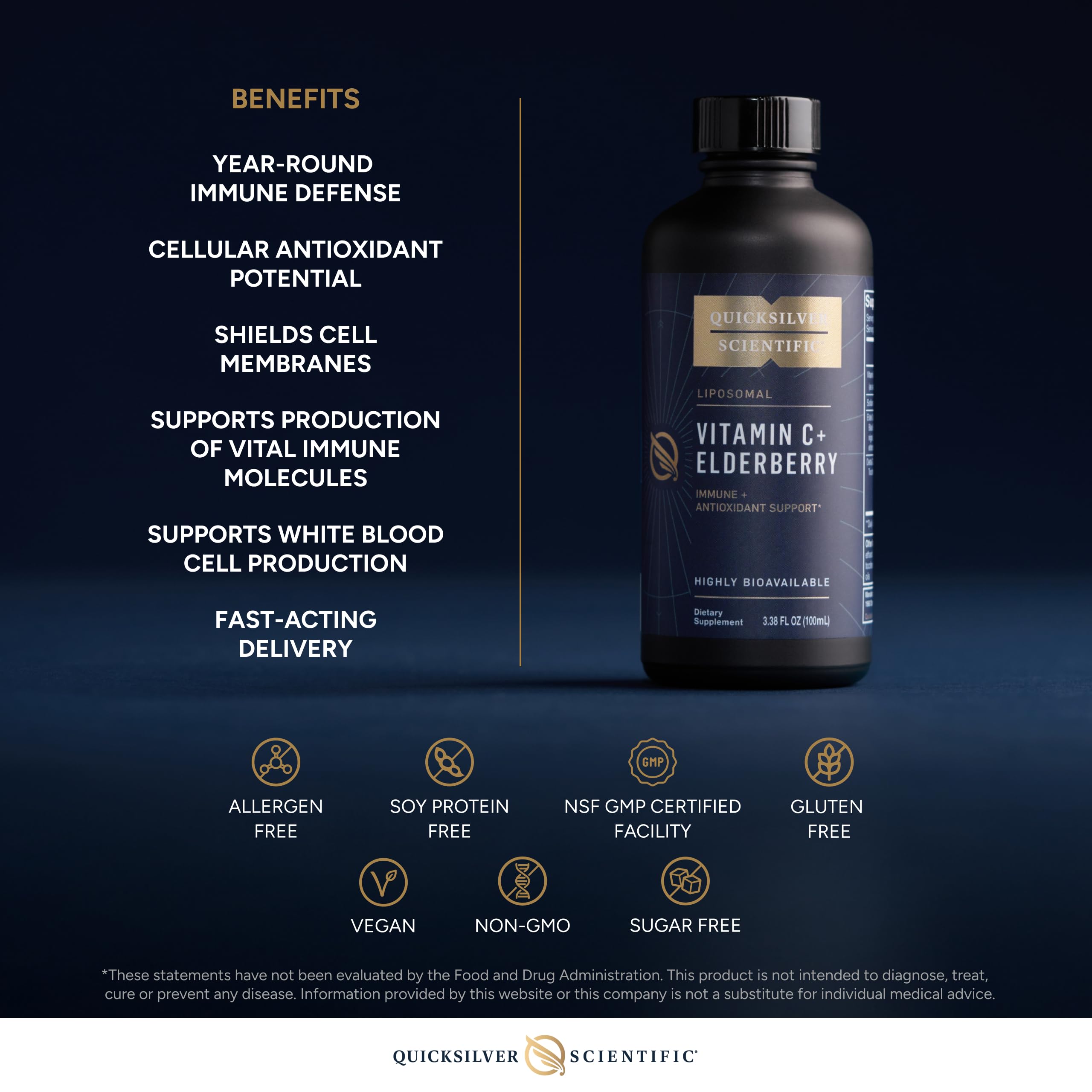 Quicksilver Scientific Liposomal Vitamin C + Elderberry - 1000mg with Superior Absorption Technology & Tocotrienols - Antioxidant & Immune Support Tonic (100ml), 1 Item Quicksilver ScientificUS supplements