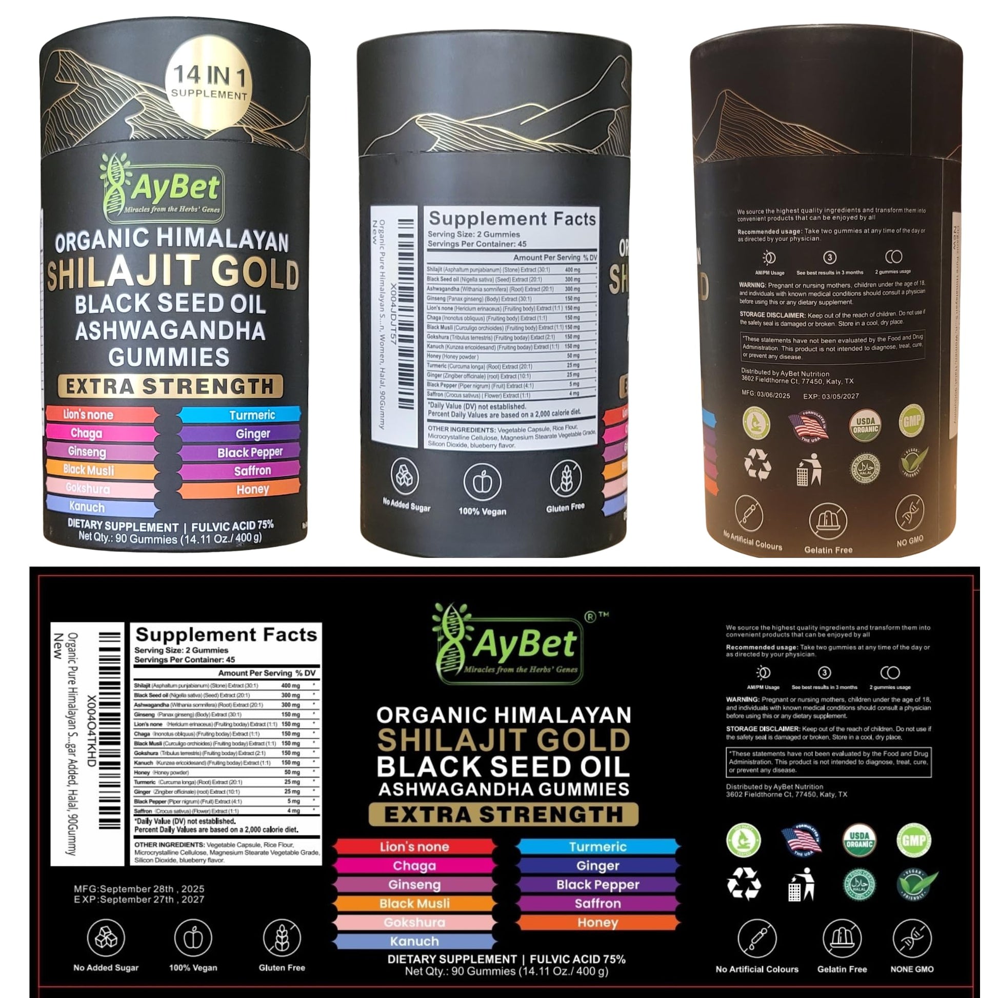 AyBet Organic Himalayan Shilajit Gold Gummies for Men and Women, Black Seed Oil, Ashwagandha, Ginseng, Turmeric, Gokshura, Lion's None, Lab Tested,%75 Fulvic Acid, No Sugar Added, Halal, 90Gummy AyBetAu supplements