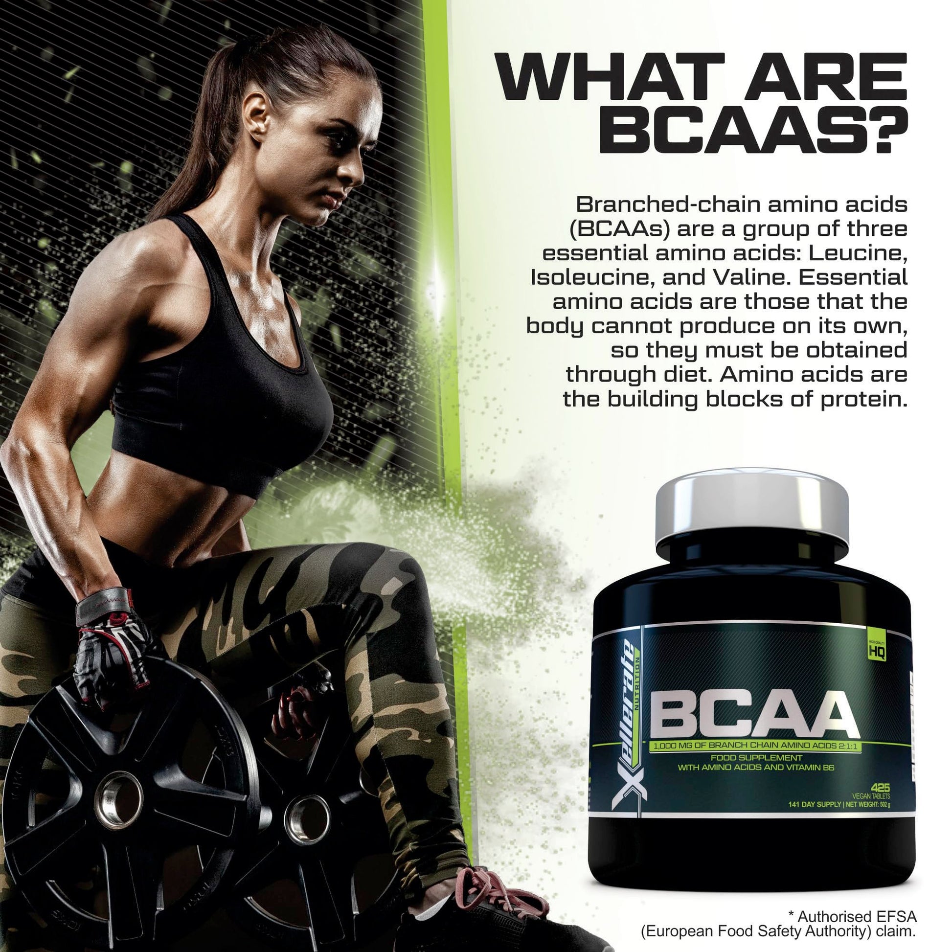 BCAA 1000mg - 425 Vegan Tablets - 3000mg Daily Serving - 141 Day Supply - 2:1:1 BCAAs Xellerate NUTRITIONUS supplements