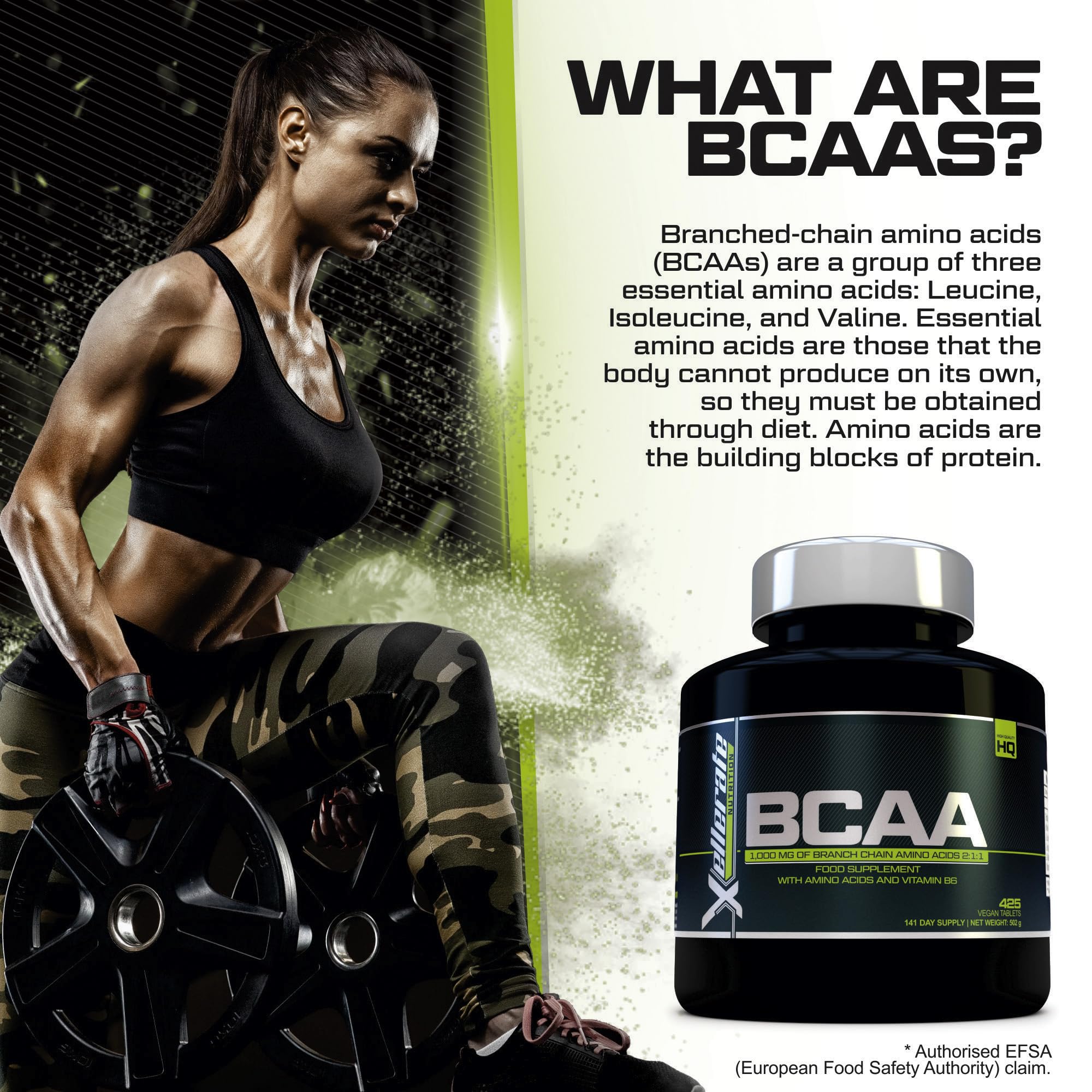 BCAA 1000mg - 425 Vegan Tablets - 3000mg Daily Serving - 141 Day Supply - 2:1:1 BCAAs Xellerate NUTRITIONUS supplements