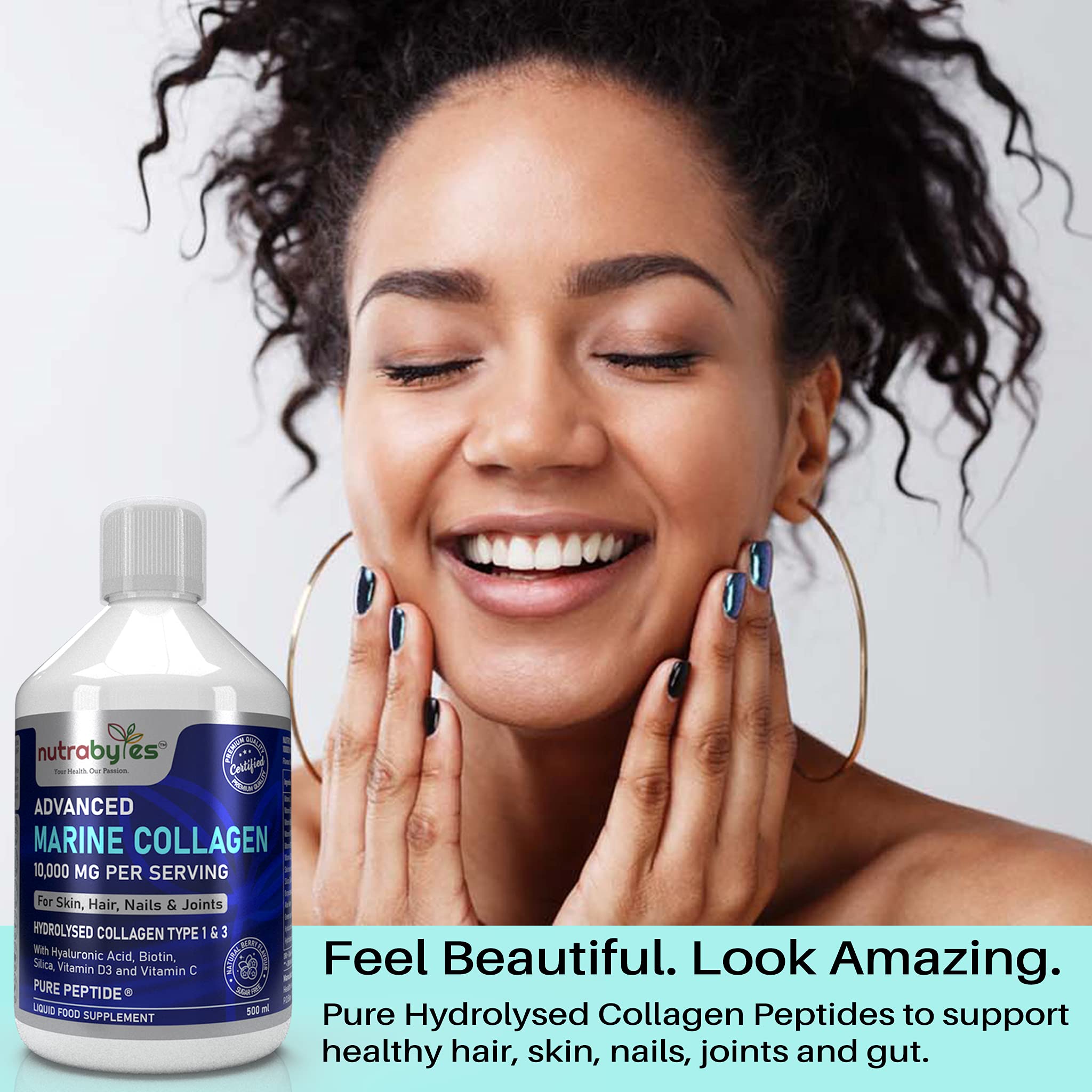 Marine Collagen Liquid 10000mg Sugar Free, Hydrolysed Peptides | Hyaluronic Acid, Biotin, Silica, Vitamin C, Vitamin D3 NUTRABYTESAu supplements