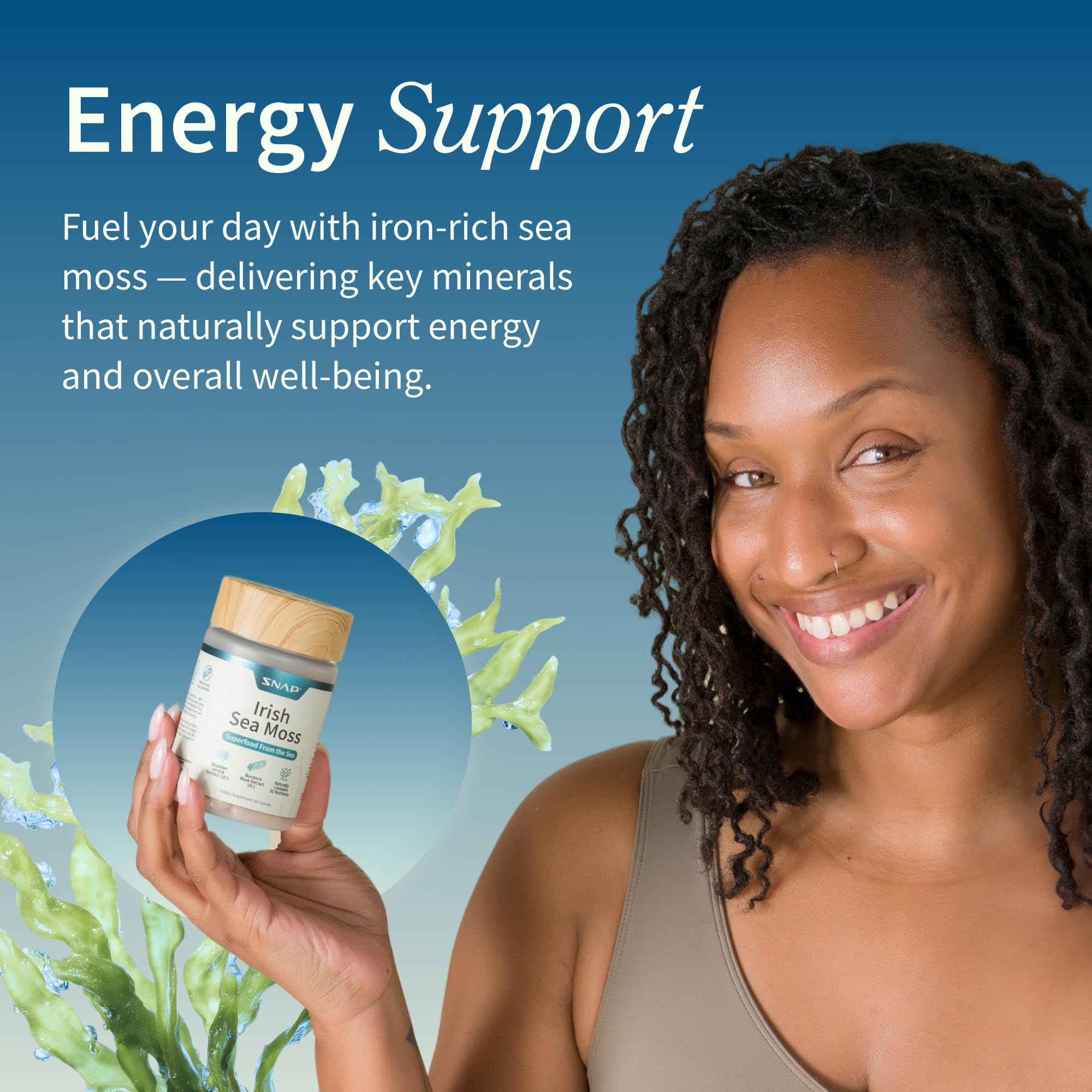 Snap Supplements Irish Sea Moss with Bladderwrack, Burdock Root & Iodine – Natural Sea Moss Supplement to Support Gut Health, Energy & Healthy-Looking Skin, 60 Vegan Capsules (1 Month Supply) Snap SupplementsAu supplements