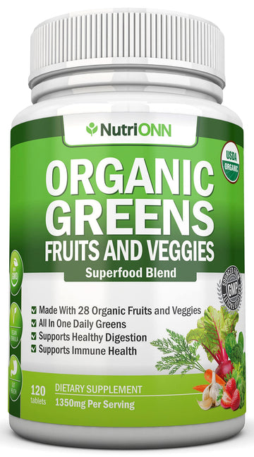 Organic Super Greens Capsules - Fruit And Vegetable Supplements - 120 Count - 28 USDA Organic & Vegan Premium Ingredients - Superfood Blend For Immune Health, Digestion & Energy - Whole Food Vitamins NutriONNAu supplements