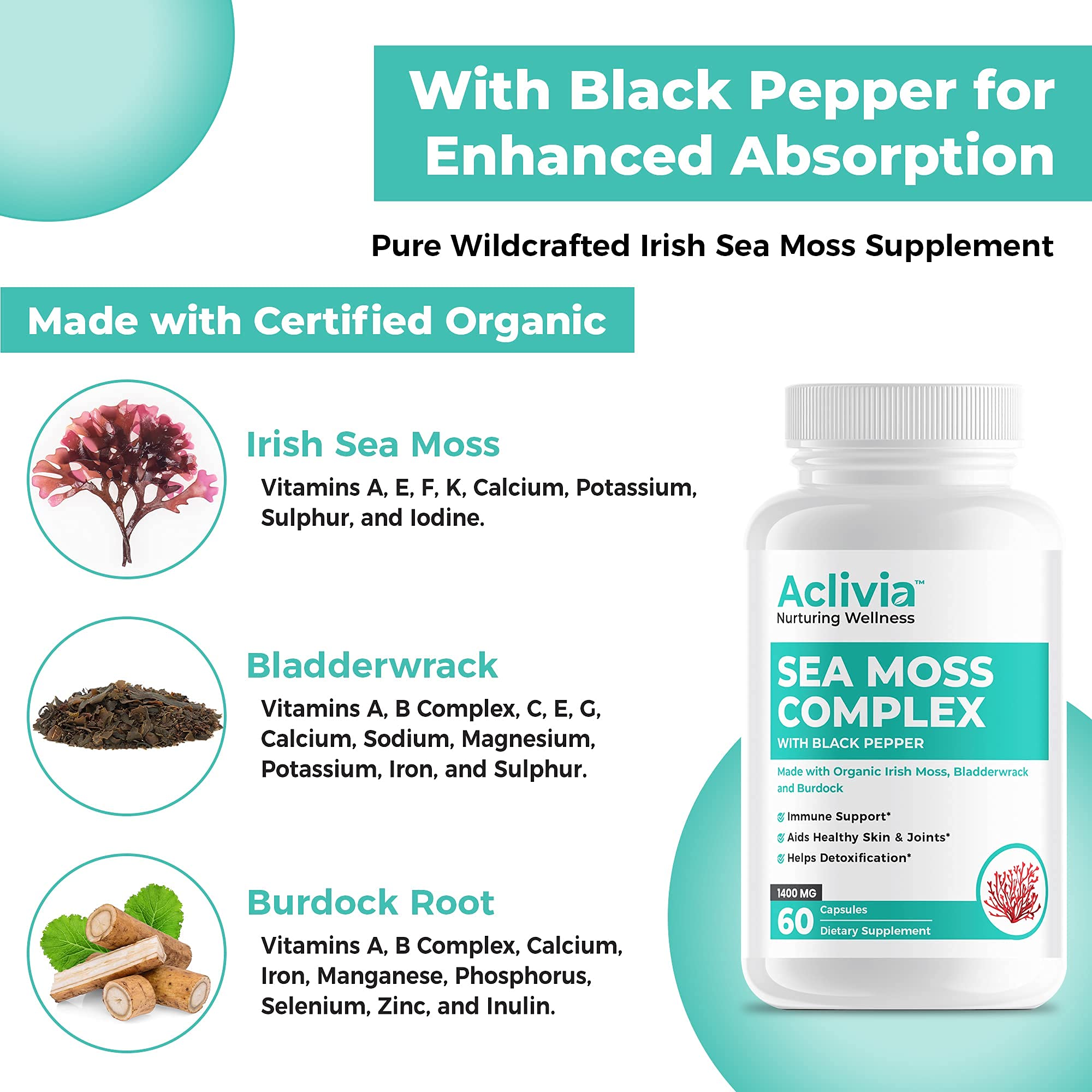 Aclivia - Organic Irish Sea Moss Capsules with Bladderwrack & Burdock Root - 102 Minerals Sea Moss Supplement - Thyroid Support, Immune Boost - Non-GMO (60 Count) AcliviaAu supplements
