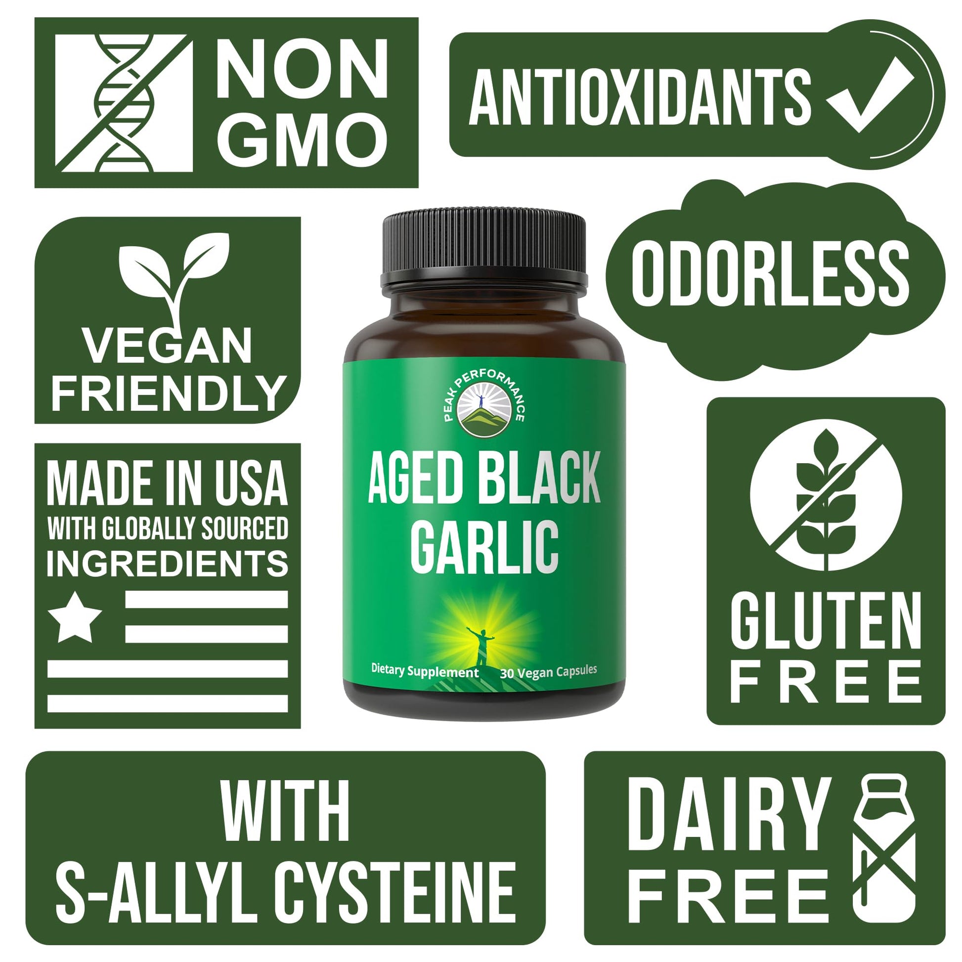 Peak Performance Aged Black Garlic Capsules. Raw Vegan Pure Odorless Extract Supplement Pills for Cholesterol, and Immune Support. from Garlic Bulb with S-Allyl Cysteine and Antioxidants Peak PerformanceAu supplements