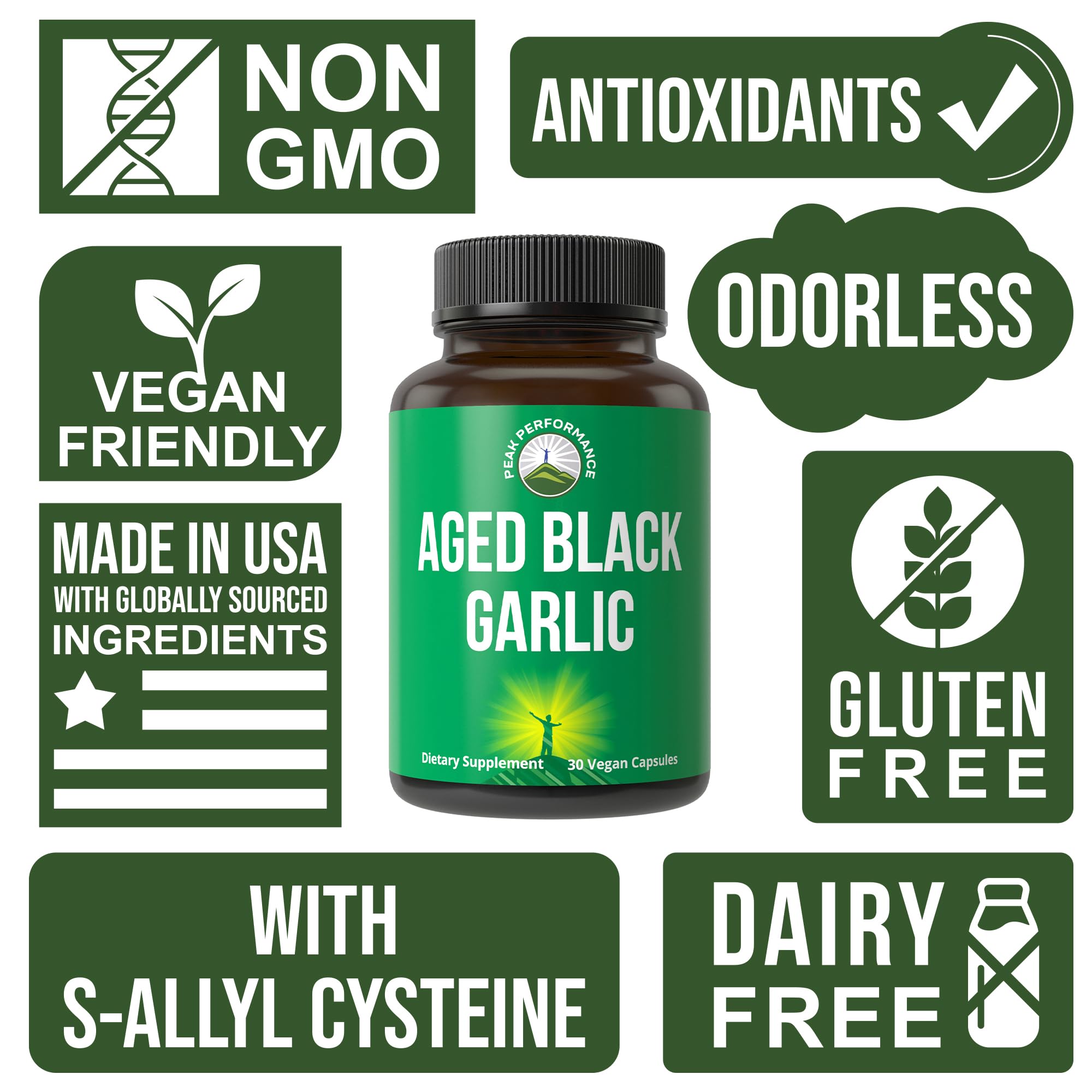Peak Performance Aged Black Garlic Capsules. Raw Vegan Pure Odorless Extract Supplement Pills for Cholesterol, and Immune Support. from Garlic Bulb with S-Allyl Cysteine and Antioxidants Peak PerformanceAu supplements