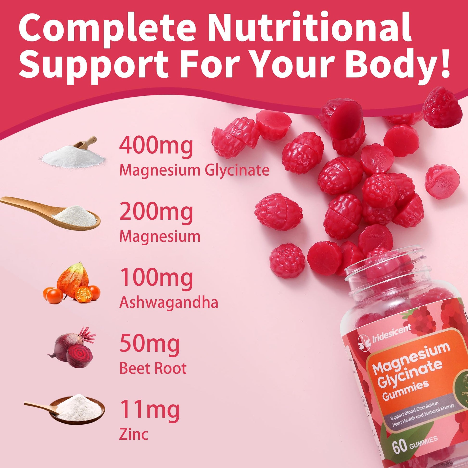IRIDESICENT Magnesium Glycinate Gummies 400mg, Sugar Free Magnesium Supplement w/Ashwagandha, Zinc, Vegan Magnesium Glycinate Supplement for Adults - 120 Cherry Gummies IRIDESICENTAu supplements
