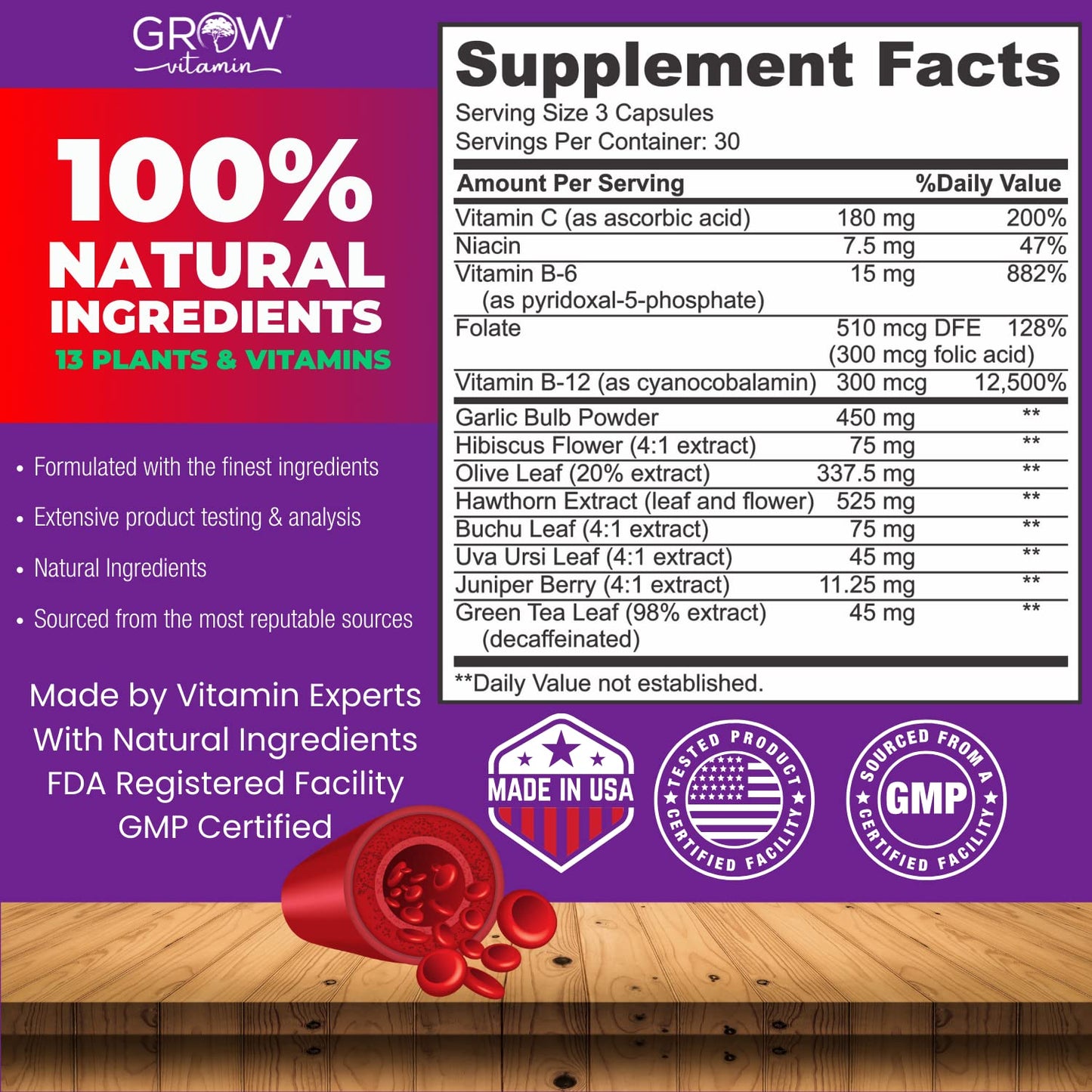 grow vitamin Blood Pressure Formula - Herbal Blend, Non-GMO, Gluten-Free - 90 Capsules grow vitaminUS supplements