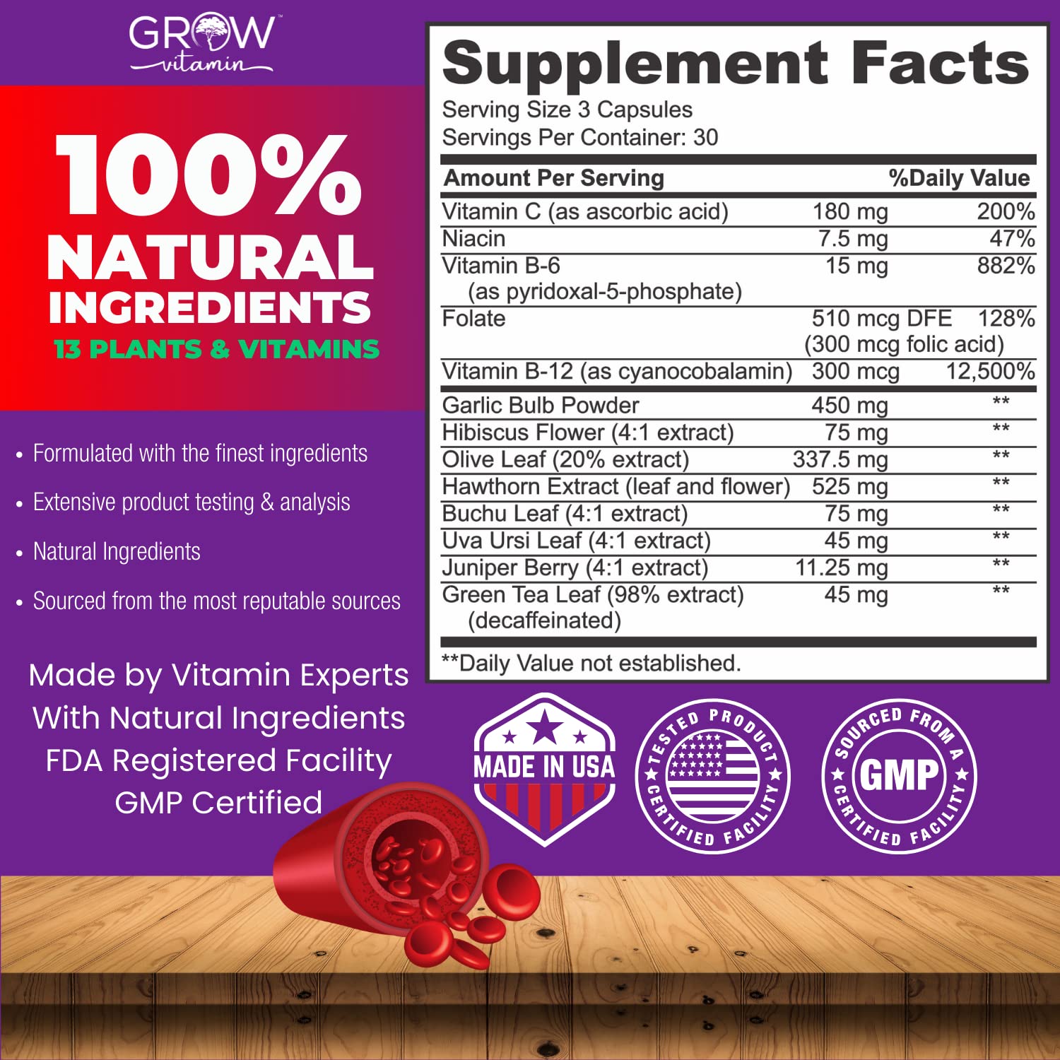 grow vitamin Blood Pressure Formula - Herbal Blend, Non-GMO, Gluten-Free - 90 Capsules grow vitaminUS supplements