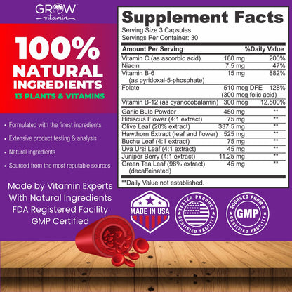 grow vitamin Blood Pressure Formula - Herbal Blend, Non-GMO, Gluten-Free - 90 Capsules grow vitaminUS supplements
