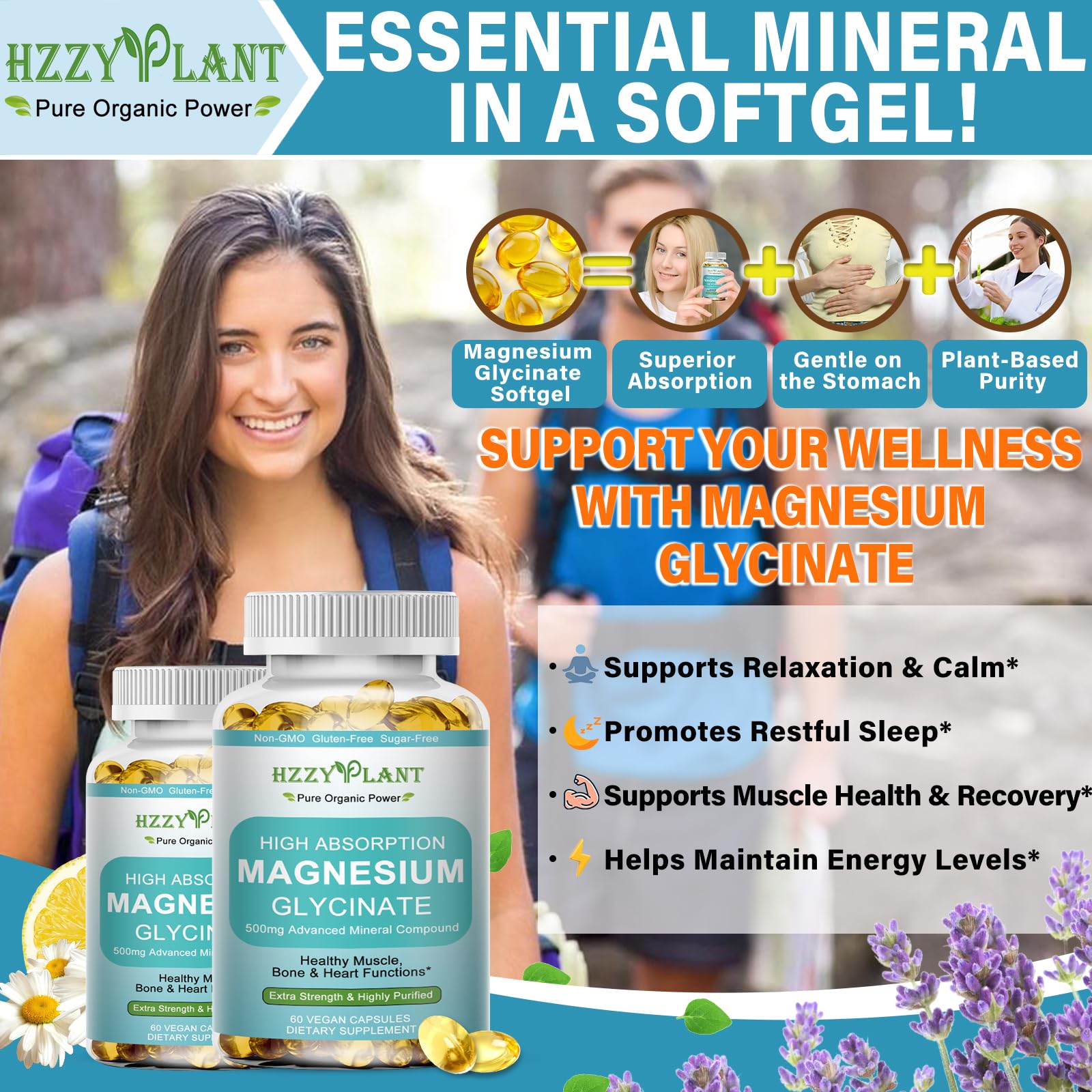 Magnesium Glycinate 500mg Softgels, High Absorption Magnesium Supplement Softgel Capsules for Muscle, Heart, Sleep & Bone Support, Stress Relief, Nerve Health & Metabolism, Non-GMO, 2 Month Supply HZZYPLANTAu supplements