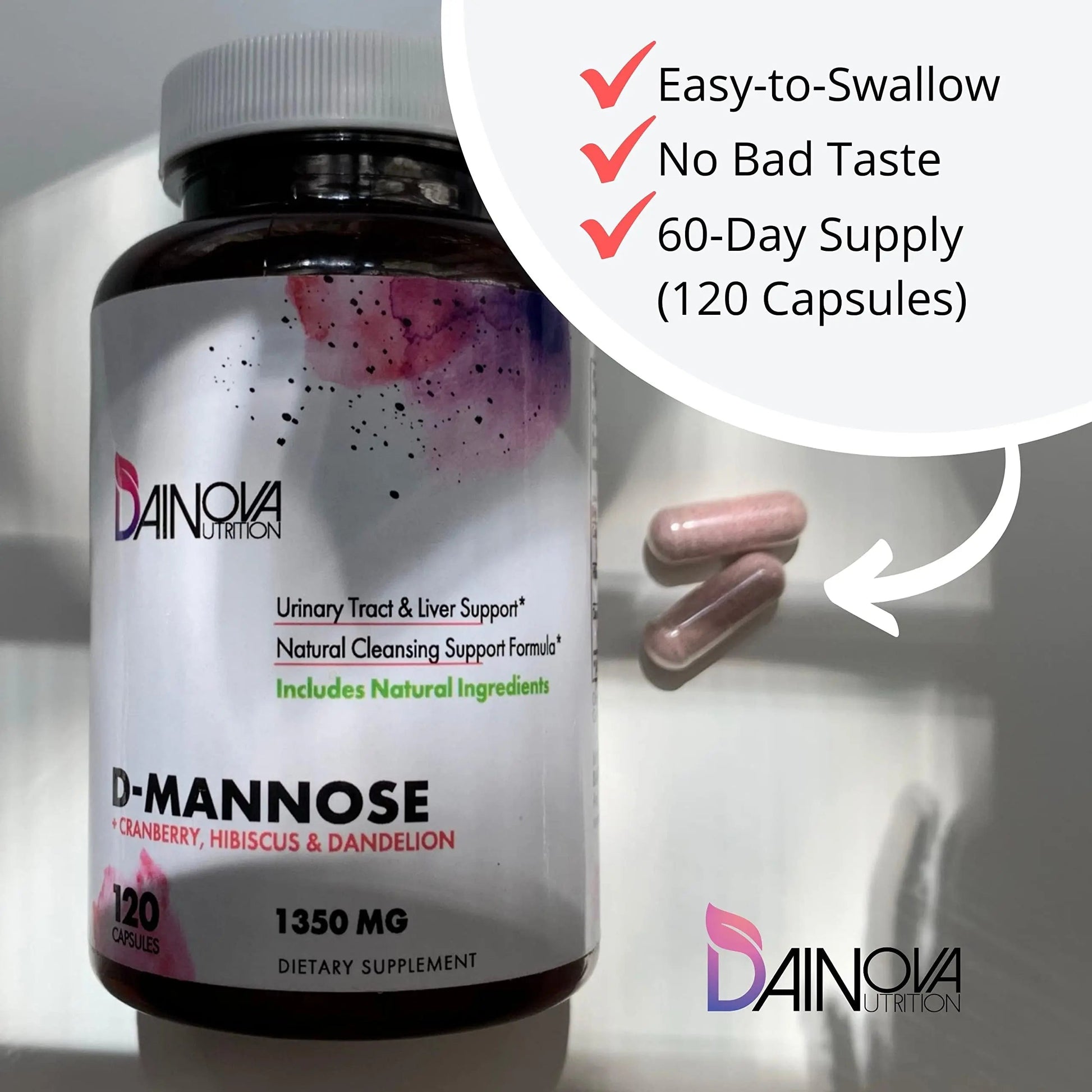 Dainova D Mannose 1350mg with Cranberry I D-Mannose Capsules for UTI Prevention, Urinary Tract Support, Urinary Tract Health for Women, & Cleanse. W/Hibiscus & Dandelion, 120 Veggie Capsules Dainova NutritionAu supplements