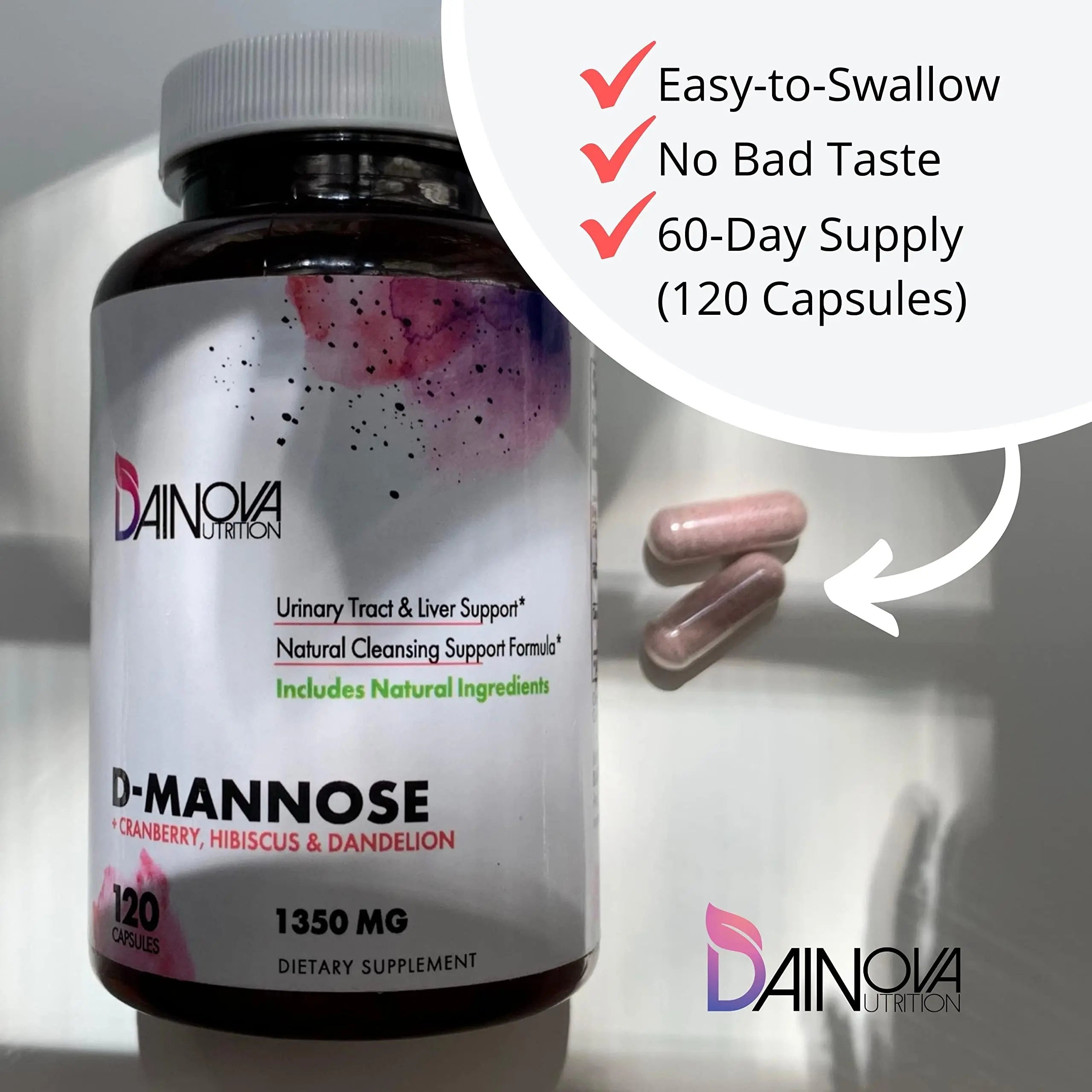 Dainova D Mannose 1350mg with Cranberry I D-Mannose Capsules for UTI Prevention, Urinary Tract Support, Urinary Tract Health for Women, & Cleanse. W/Hibiscus & Dandelion, 120 Veggie Capsules Dainova NutritionAu supplements