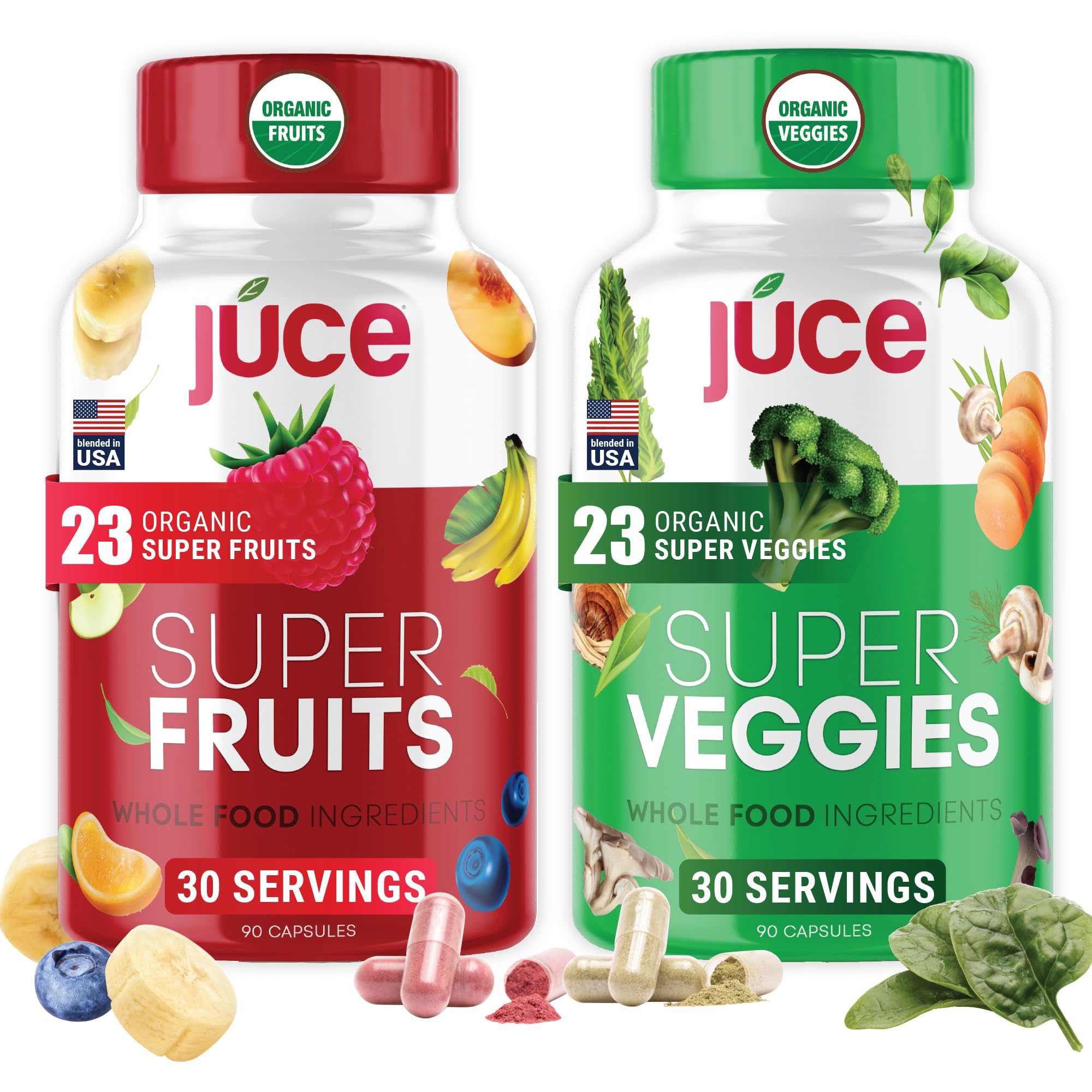 Juce Original Formula - Organic Super Fruit & Veggies Supplement - Gluten/Gelatin Free, Soy Free & Vegan- Reds & Greens Superfood Capsules- 23 Fruits & 23 Vegetables (180 Count)- By Terra Kai Organics Terra Kai OrganicsAu supplements