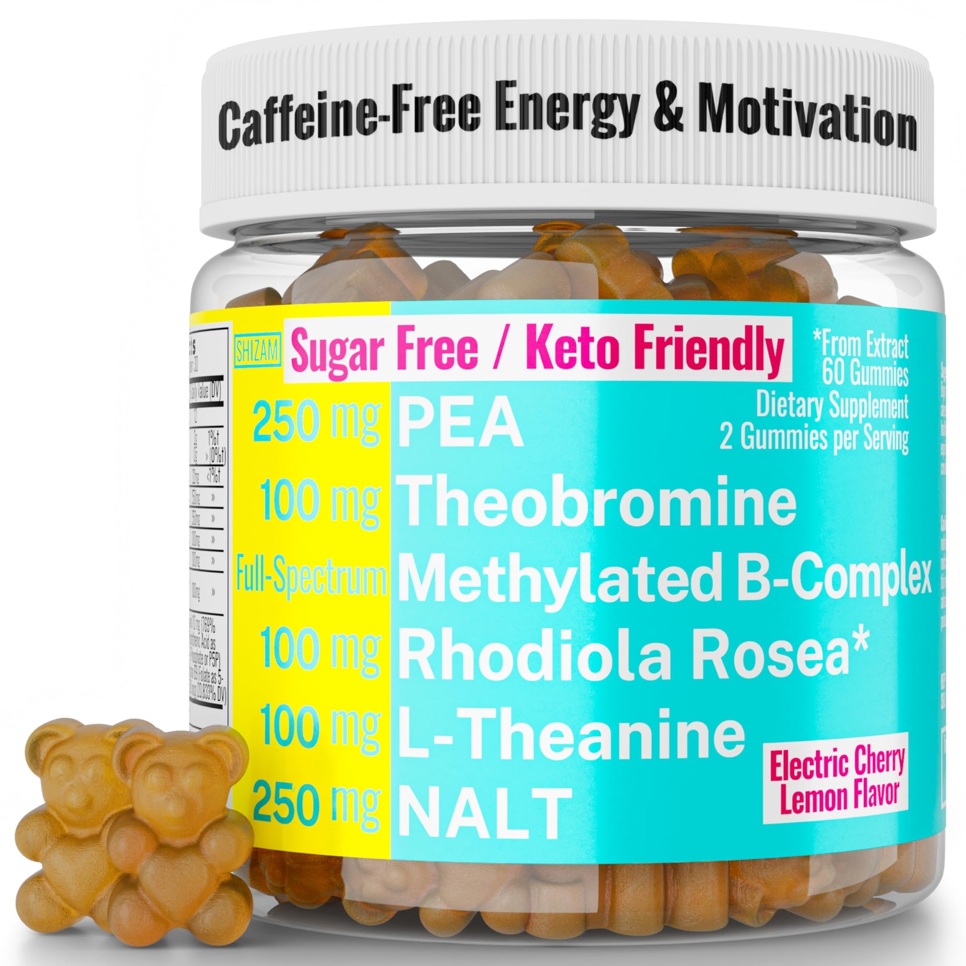 Rhodiola Rosea NALT N-Acetyl-L-Tyrosine Methylated Vitamin B Complex L-Theanine Gummies w P5P B6 5-MTHF B9 Folate Methyl B12 Methylcobalamin B3 Niacinamide, Supplement Powder Capsule Pill Supplements SHIZAMAu supplements