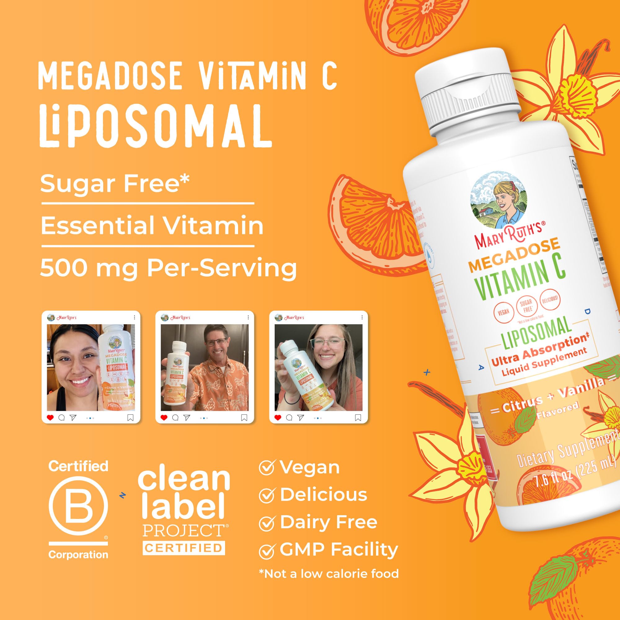 MaryRuth's Megadose Liquid Vitamin C Liposomal | 500 mg Per Serving | Ultra Absorption | Immunity | Antioxidant Support | Collagen Formation | Vegan | Gluten Free | Sugar Free | 7.6 Oz | 30 Servings MARYRUTH'SUS supplements