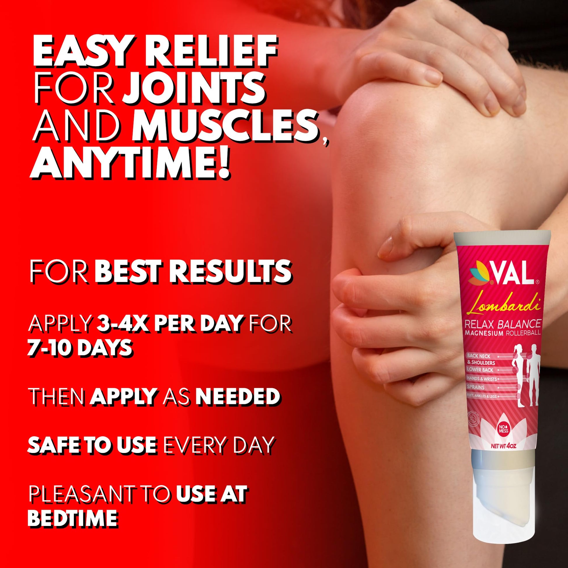 VAL Lombardi Relax Balance Magnesium Rollerball | Zechstein Magnesium + Herbal Extracts | Joint & Muscle Relief for Neck, Back, Legs | No Mess, Non-Greasy | 4oz VALAu supplements