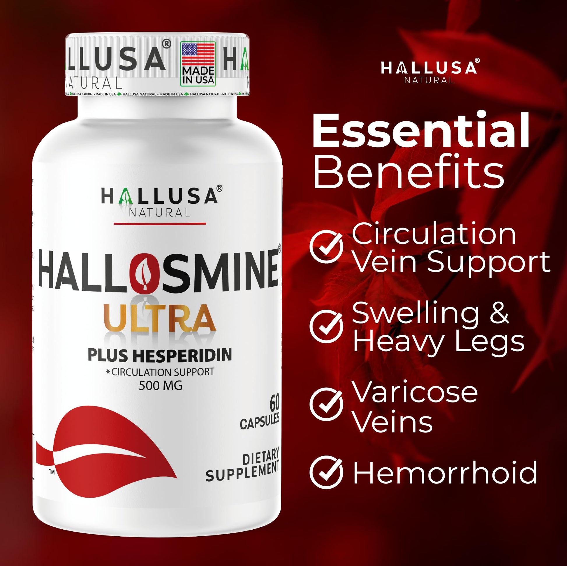 Hallusa Natural Hallosmine Ultra Diosmin 500mg & Hesperidin 150mg – Heavy Legs, Swelling & Vein - Blood Circulation Supplements, 60 Caps Hallusa NaturalAu supplements