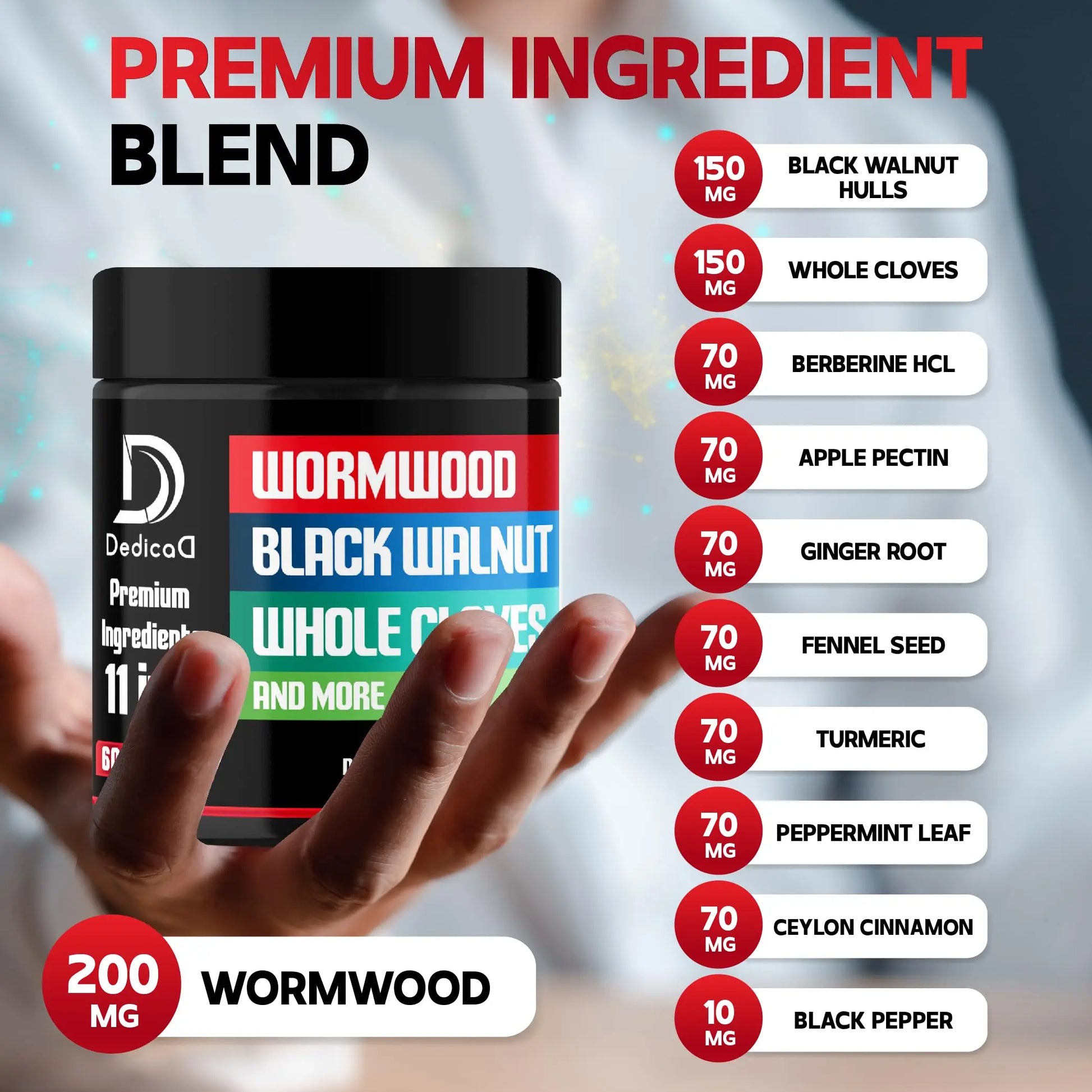 DEDICAD Wormwood Capsules Supplement - Extracted from Black Walnut, Cloves, Turmeric, Apple, Berberine HCl & More - 11 Ingredients Combined for Immune System, Body Management - 60 Capsules DEDICADnz supplements