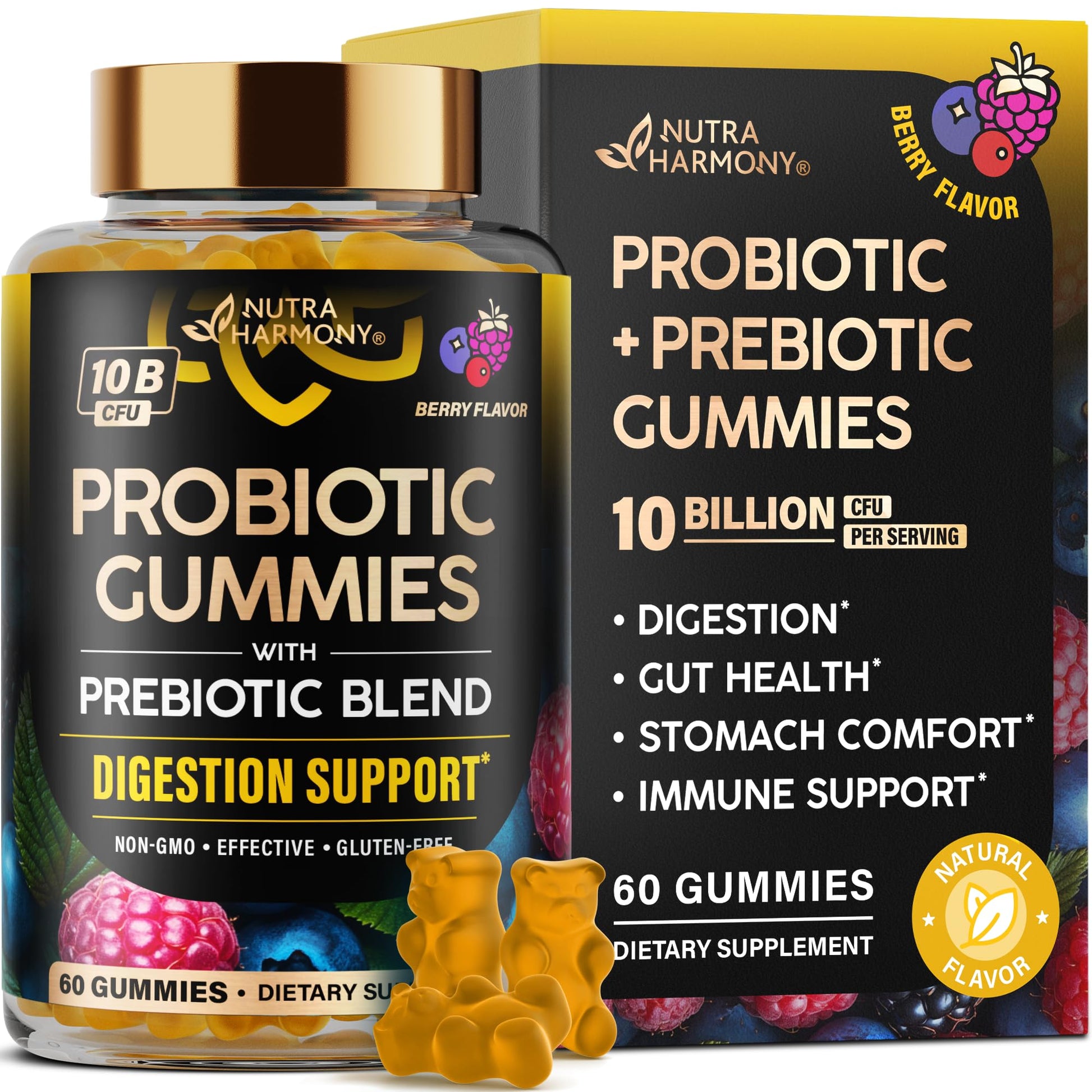 Probiotic Gummies 10B CFU with Prebiotic Fiber - Digestion & Immune Support - Debloat, Stomach & Gut Comfort - Probiotics for Women & Men - Natural Berry Flavor - Vegan & Sugar-free - 60 Gummies NUTRAHARMONYAu supplements