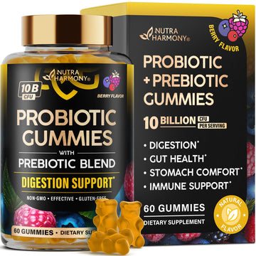 Probiotic Gummies 10B CFU with Prebiotic Fiber - Digestion & Immune Support - Debloat, Stomach & Gut Comfort - Probiotics for Women & Men - Natural Berry Flavor - Vegan & Sugar-free - 60 Gummies NUTRAHARMONYAu supplements