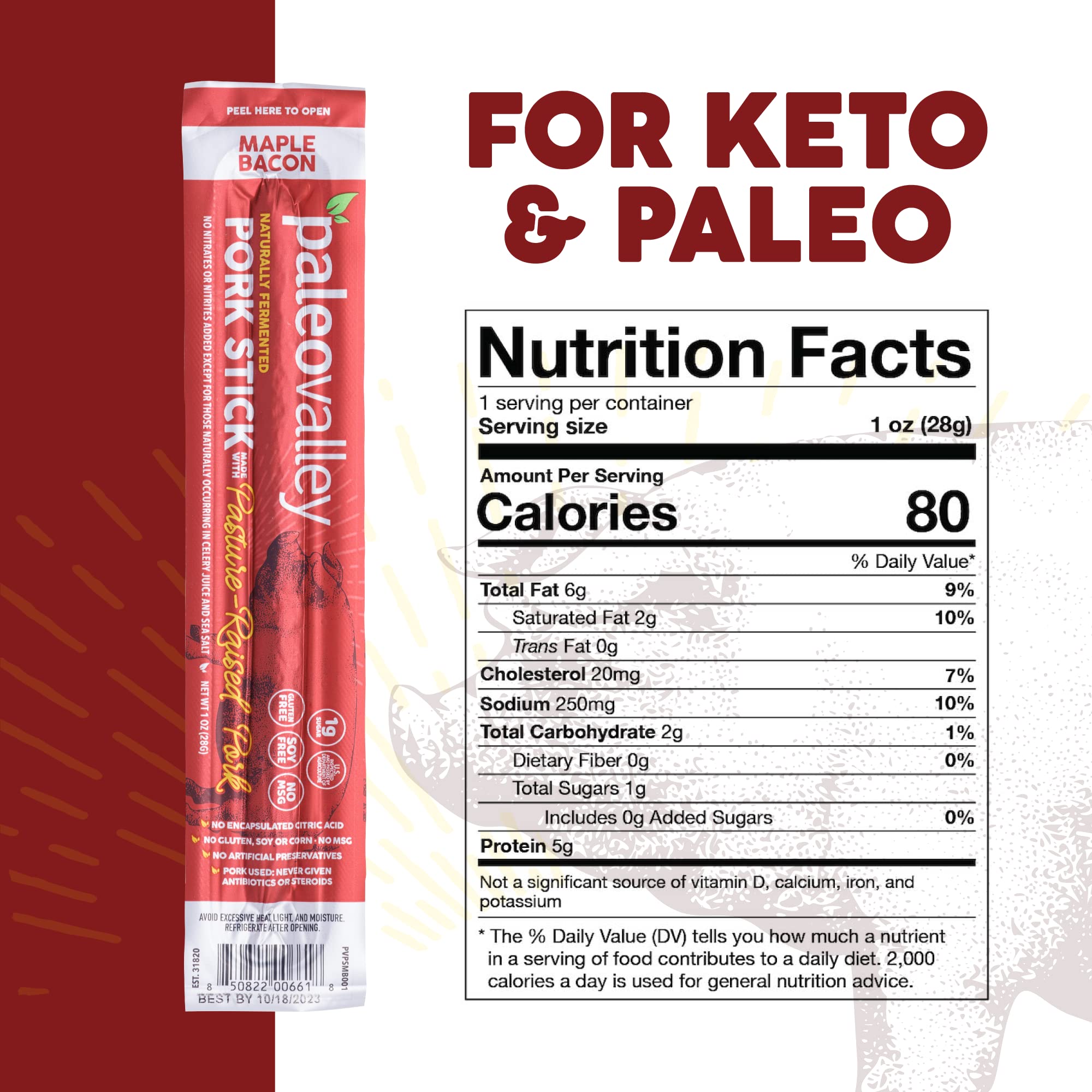 Paleovalley Pasture-Raised Pork Sticks - Maple Bacon Flavor Meat Sticks Individually Wrapped, 28g - 10 Sticks - Gluten-Free Protein Snack PaleovalleyUS supplements