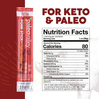 Paleovalley Pasture-Raised Pork Sticks - Maple Bacon Flavor Meat Sticks Individually Wrapped, 28g - 10 Sticks - Gluten-Free Protein Snack PaleovalleyUS supplements