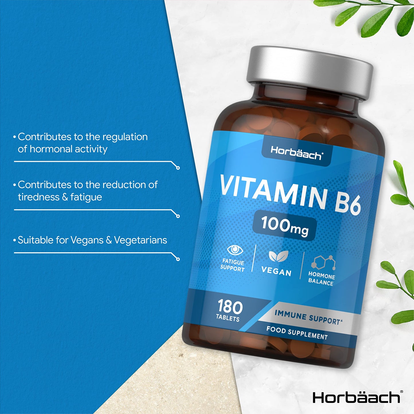 Vitamin B6 100mg | 180 High Strength Tablets | Regulation of Hormonal Activity & Fatigue HorbäachUS supplements