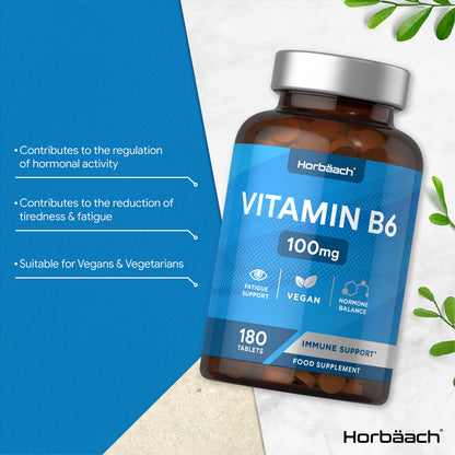 Vitamin B6 100mg | 180 High Strength Tablets | Regulation of Hormonal Activity & Fatigue HorbäachUS supplements