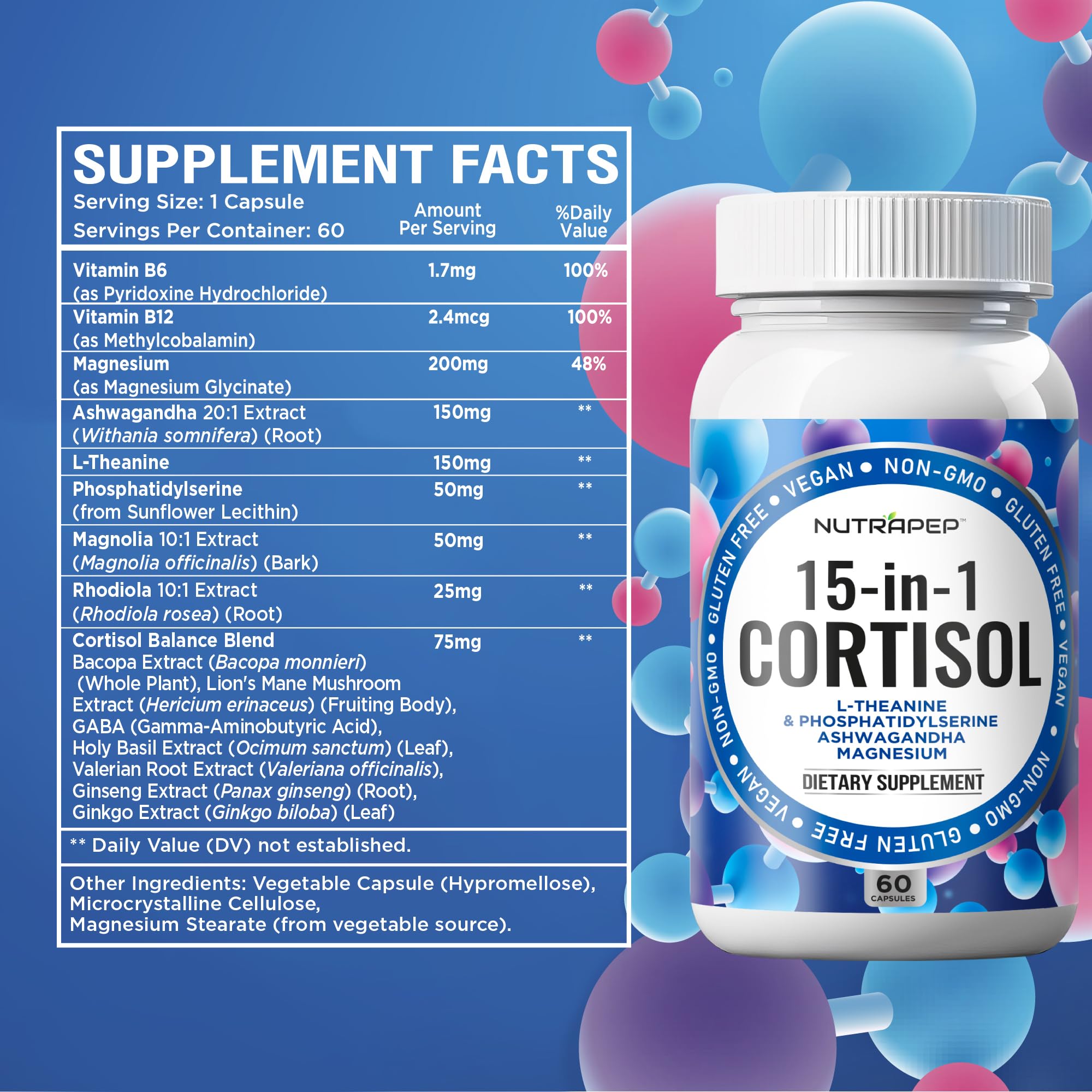 NutraPep Cortisol Detox Supplement Men Women - Reduce Lower Cortisol High Cortisol Reducer Blocker Control - Supports Stress Mood Rest Adrenal Calm Relax with Ashwagandha L-Theanine Magnesium NutraPepAu supplements