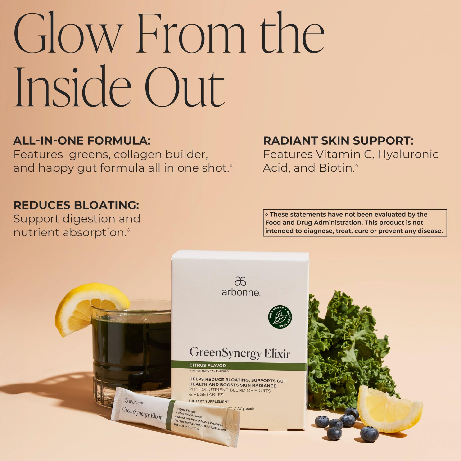 Arbonne GreenSynergy Elixir – Citrus-Flavored Greens Powder with 13 Digestive Enzymes, Vegan Collagen Builder, Probiotics, and Prebiotics – Supports Gut Health and Digestion – 30 Stick Packs ArbonneAu supplements
