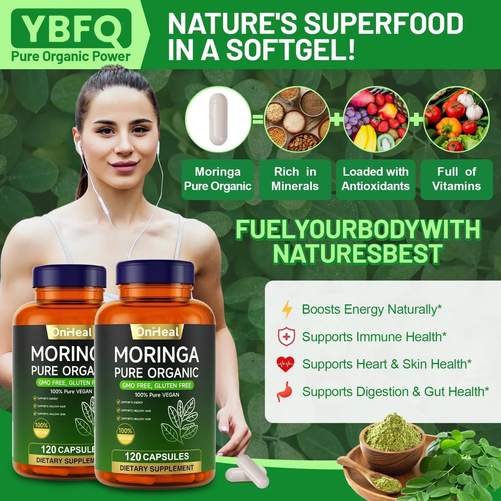 YBFQ Organic Moringa Capsules 1000 mg, 120 Count - Moringa Capsules with Organic Olefeira Powder, Supports Healthy Hair and Skin, Energy and Balance YBFQAu supplements