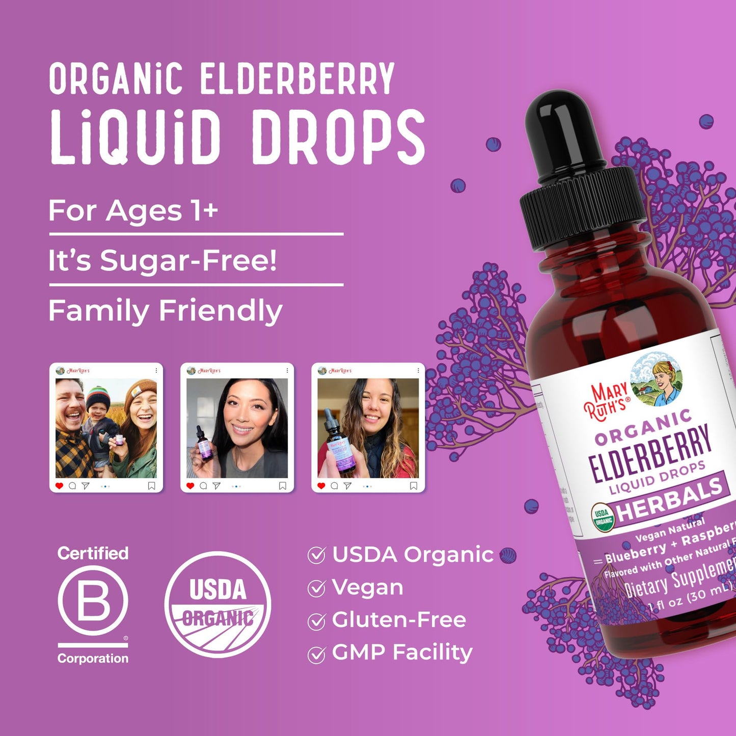 MARYRUTH'S Elderberry Liquid Drops for Adults & Kids | Immune Support | Antioxidant | Overall Wellness | Elder Berry Extract | USDA Organic | Sugar Free | Vegan | Non-GMO | Gluten Free | 1 Fl Oz MARYRUTH'SUS supplements