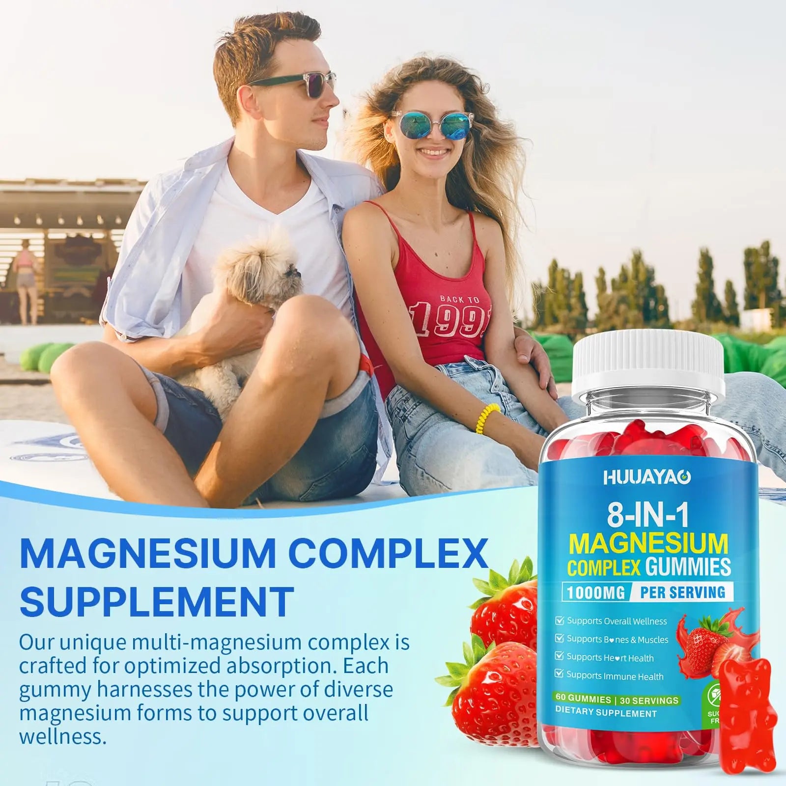Magnesium Complex Gummies for Women Men 8 in 1, Magnesium Glycinate, Citrate, Malate, Taurate, Supports Bones, Muscle, Nerve Health, Sugar-Free, Vegan Non-GMO, Strawberry Flavor, 120 Count HUUAYAOnz supplements