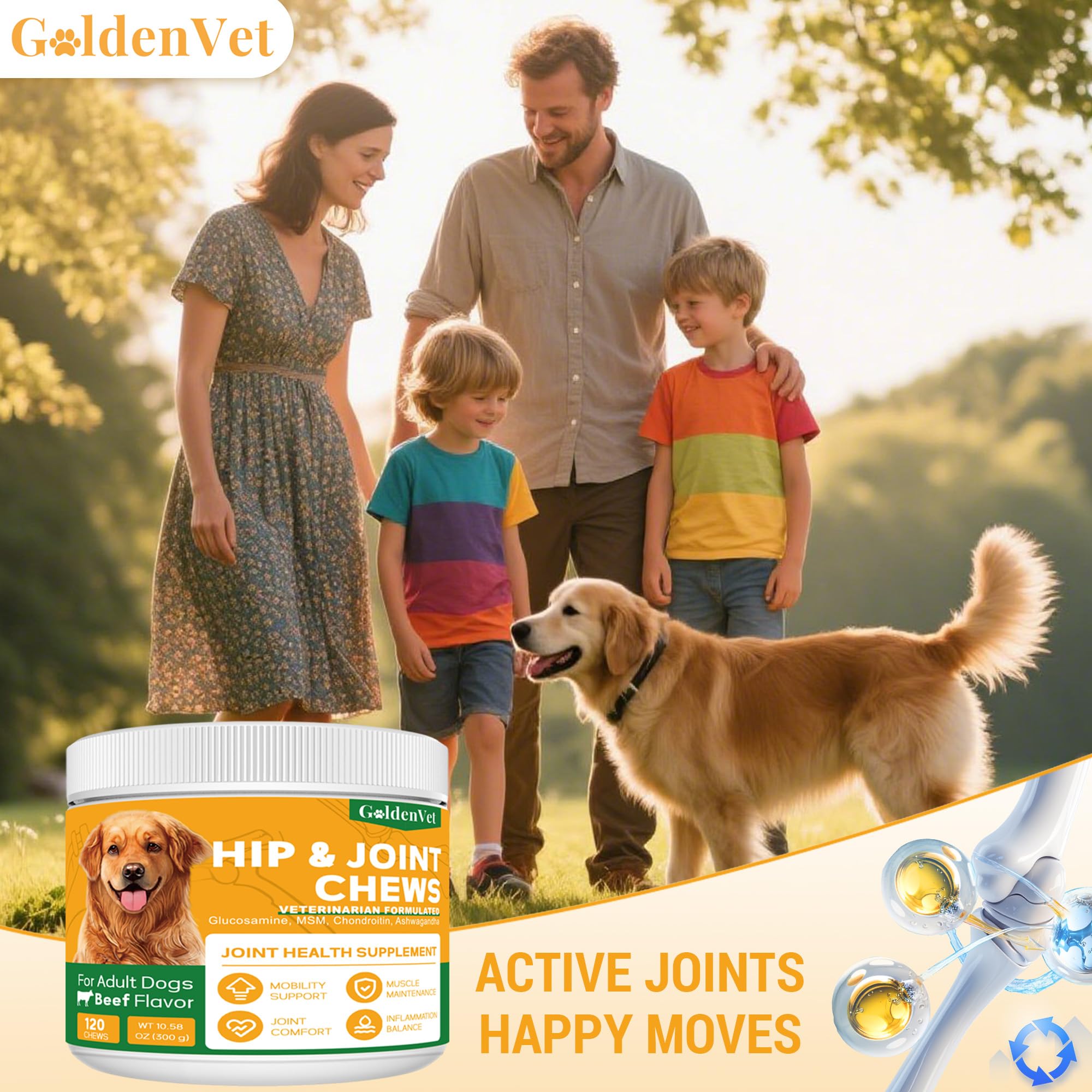 Hip and Joint Chews for Senior Dogs with Glucosamine HCL, Chondroitin, Green-lipped Mussel, Ashwagandha for Anti Inflammatory, Mobility Support, Muscle Maintenance, Joint Comfort 120 Ct GOLDENVETAu supplements