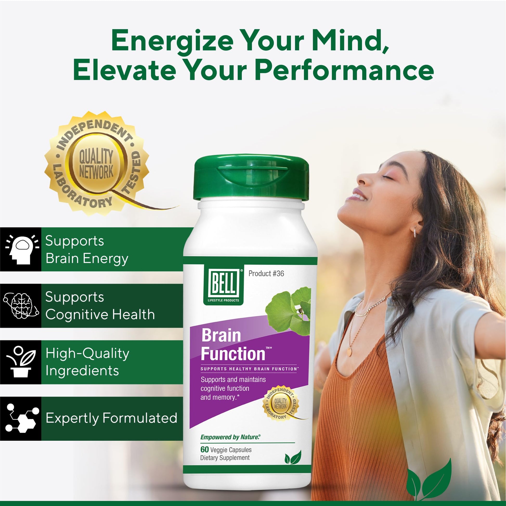 Bell Brain Function Lifestyle, Supports Cognitive Health with Ginkgo, Vitamin B12, Folate - 60 Vegetarian Capsules BellAu supplements