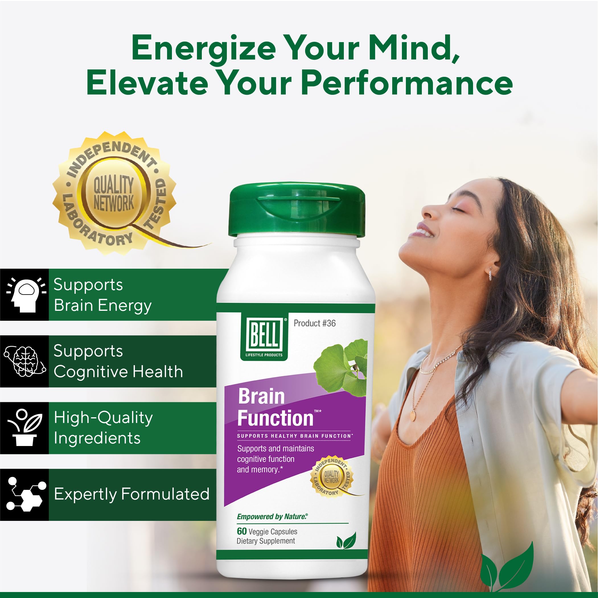 Bell Brain Function Lifestyle, Supports Cognitive Health with Ginkgo, Vitamin B12, Folate - 60 Vegetarian Capsules BellAu supplements