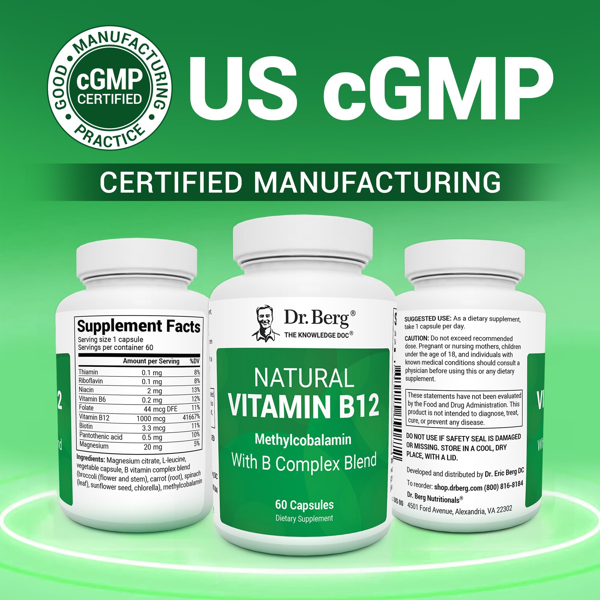 Dr. Berg Natural Vitamin B12 1000 mcg with B Complex Blend - Methylcobalamin B12 for Energy, Nerve Health, and Cognitive Function* - Methylated B12 with Folate - 60 Capsules (2-Month Supply) Dr. Berg NutritionalsAu supplements