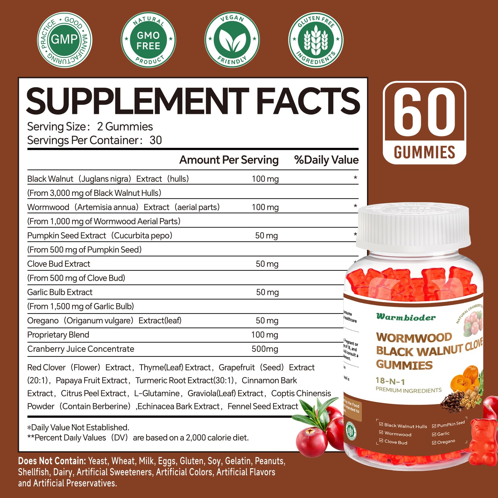 18-in-1 Wormwood Black Walnut Clove Gummies for Adults,Liver Support,with Pumpkin Seed Oil,Rapid Gut Cleanse & Digestive Health with Clove,Garlic,Turmeric,Oregano,Cranberry Extract WarmbioderAu supplements
