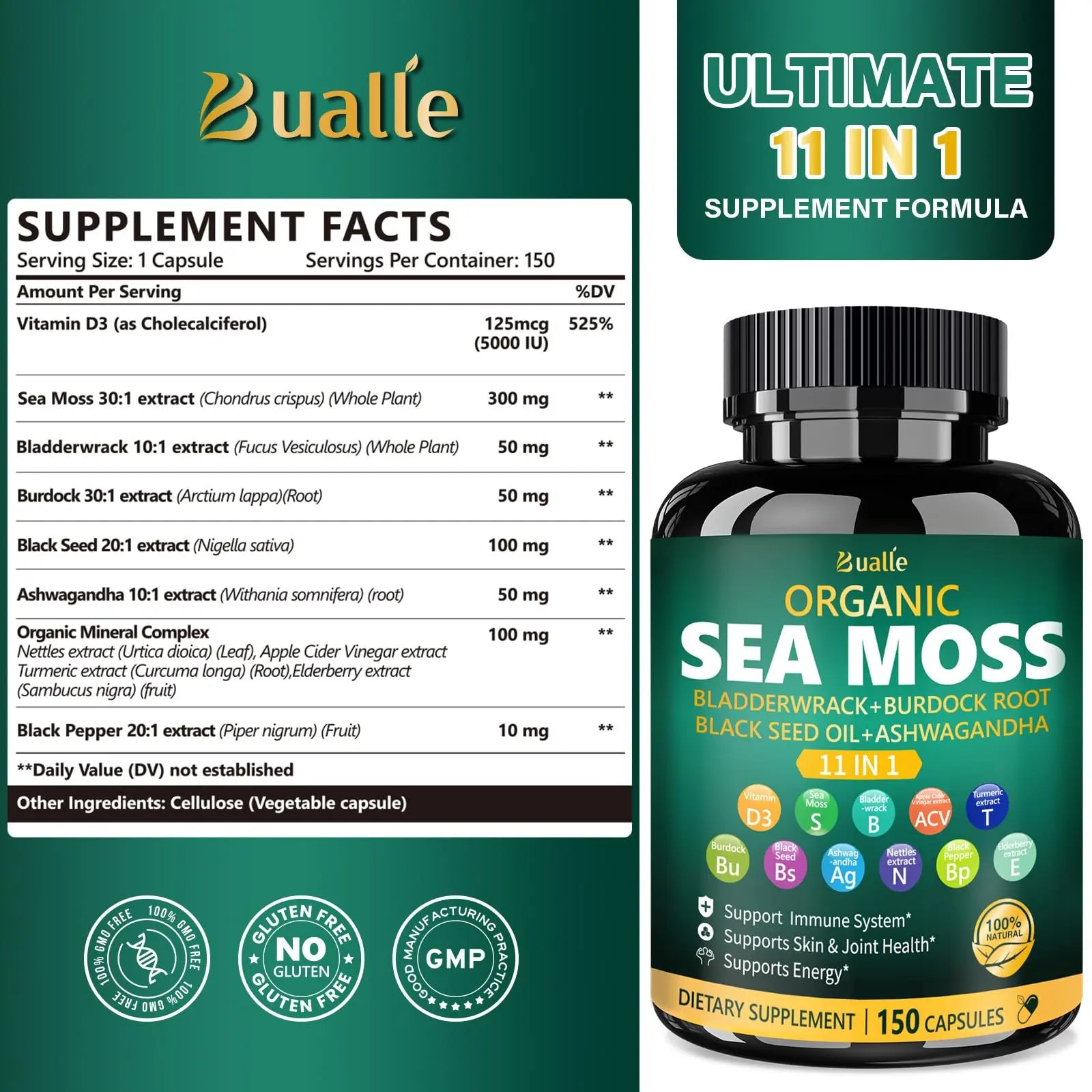 Bualle Irish Sea Moss Capsules – Organic Sea Moss, Black Seed Oil, Ashwagandha Supplements with Bladderwrack, Ginger & Burdock Root – Supports Daily Wellness, Skin & Energy – 150 Count (1 Pack) Buallenz supplements