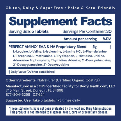 BodyHealth PerfectAmino (150 ct) Easy to Swallow Tablets, Essential Amino Acids Supplement with BCAAs, Vegan Protein for Pre/Post Workout & Muscle Recovery with Lysine BodyHealthUS supplements