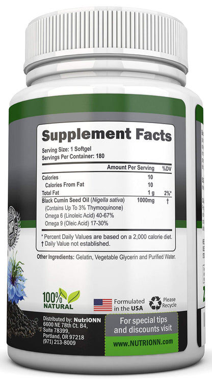 Black Seed Oil - 1000 Mg - 180 Softgels - Cold-Pressed Non-GMO Black Cumin Seed NutriONNUS supplements