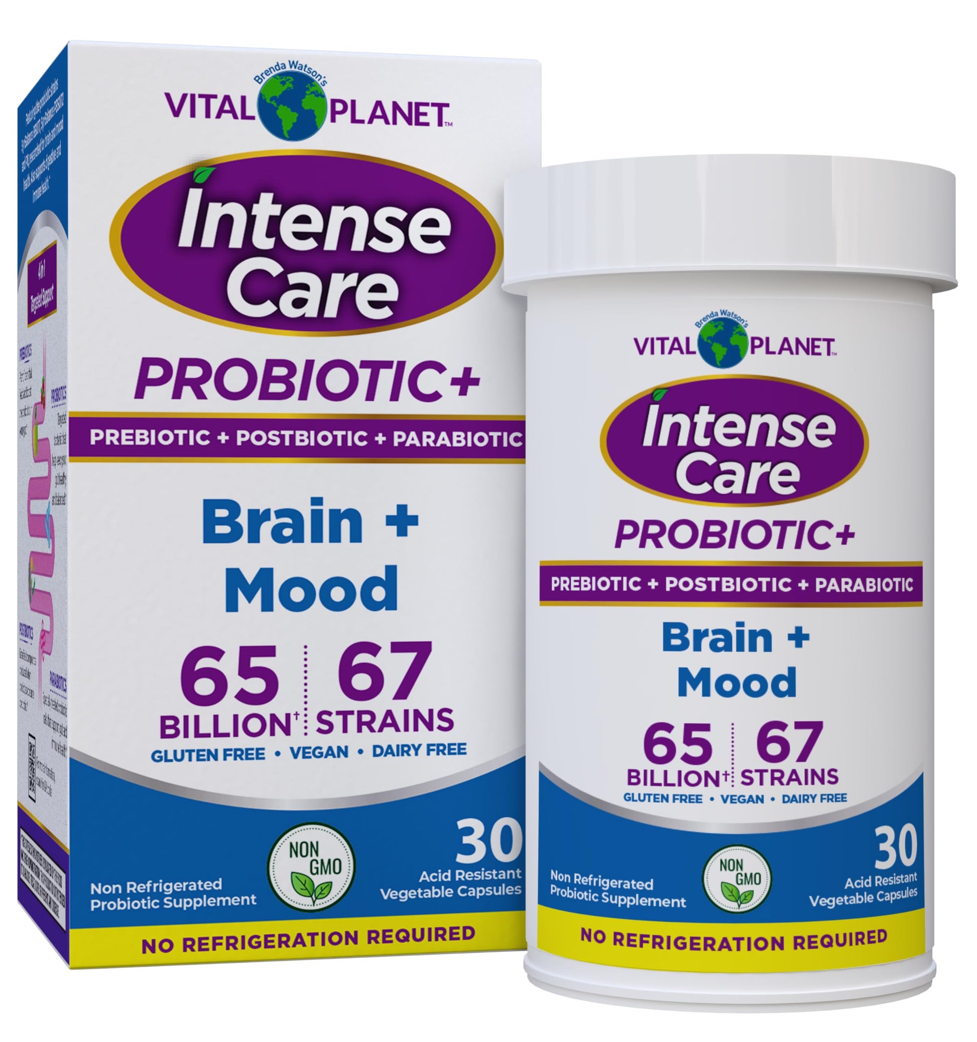 Vital Planet - Intense Care Brain & Mood Probiotics, Organic Prebiotics, Postbiotics, Parabiotics, Complete 4-in-1 Health Supplement for Adults, 65 Billion CFU, 67 Strains, Digestive and Immune 30 ct Vital PlanetAu supplements