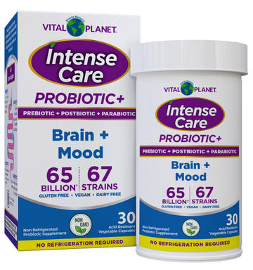 Vital Planet - Intense Care Brain & Mood Probiotics, Organic Prebiotics, Postbiotics, Parabiotics, Complete 4-in-1 Health Supplement for Adults, 65 Billion CFU, 67 Strains, Digestive and Immune 30 ct Vital PlanetAu supplements