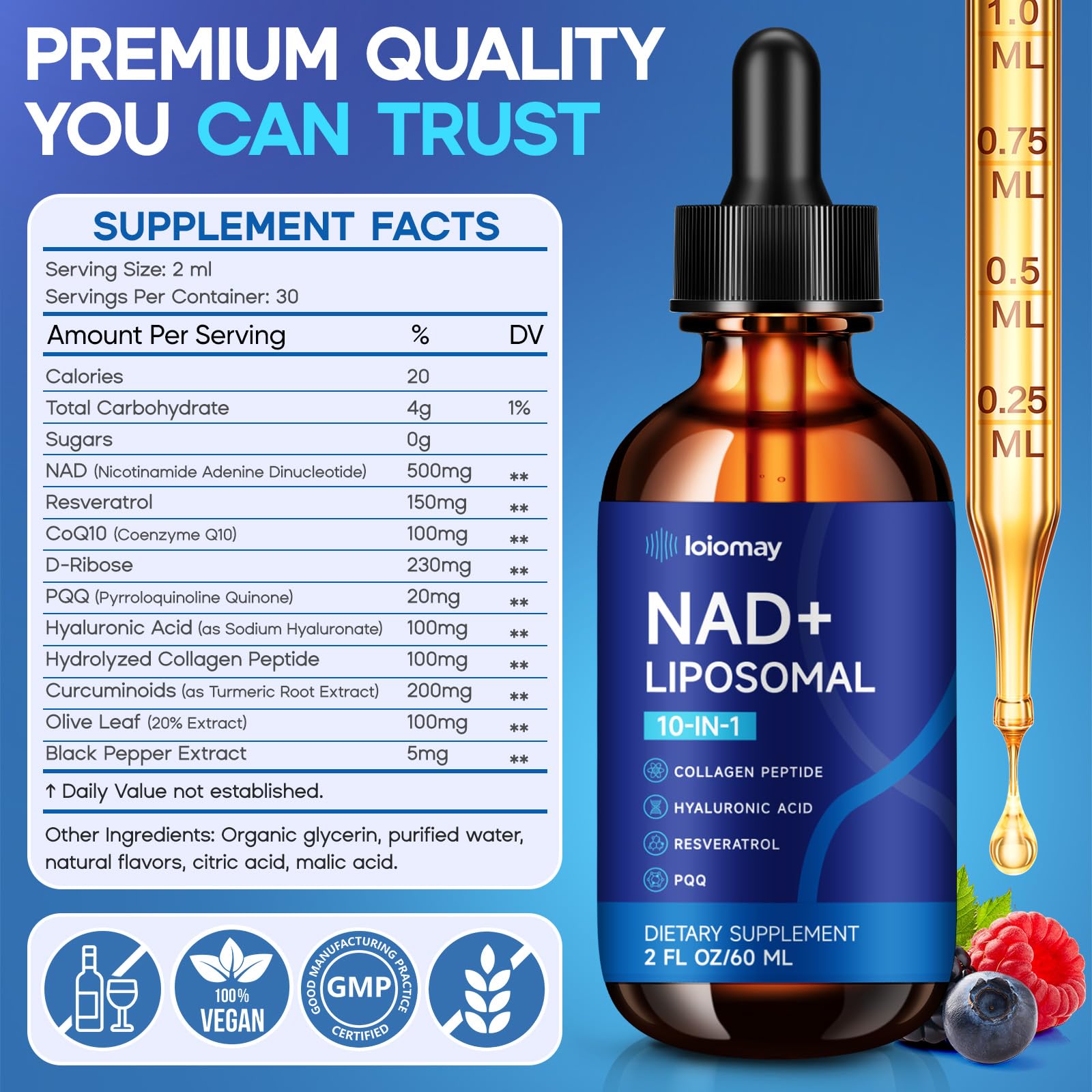 Liposomal NAD Liquid Supplement - 1500mg NAD+ Drops for Women & Men with Resveratrol & Nicotinamide Riboside, PQQ, Collagen & Turmeric for Anti-Aging & Longevity, Cellular Energy Health, 2 Fl Oz loiomayAu supplements