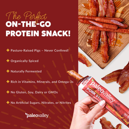 Paleovalley Pasture-Raised Pork Sticks - Maple Bacon Flavor Meat Sticks Individually Wrapped, 28g - 10 Sticks - Gluten-Free Protein Snack PaleovalleyUS supplements
