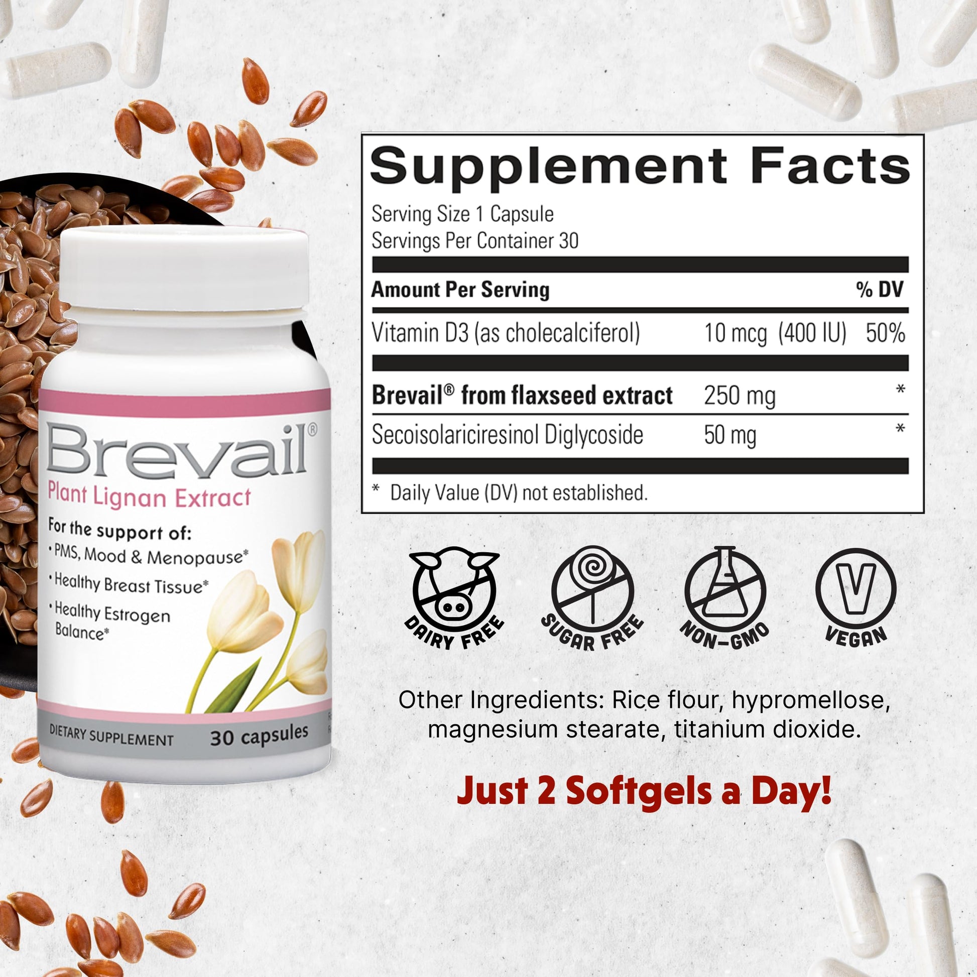 Brevail Plant Lignan Extract Capsules, Proactive Breast Health Supplement with 50 mg SDG Lignans from Flax Seed Hulls for Healthy Estrogen Balance and PMS Mood Support Pills, 30 Count Barlean'sAu supplements