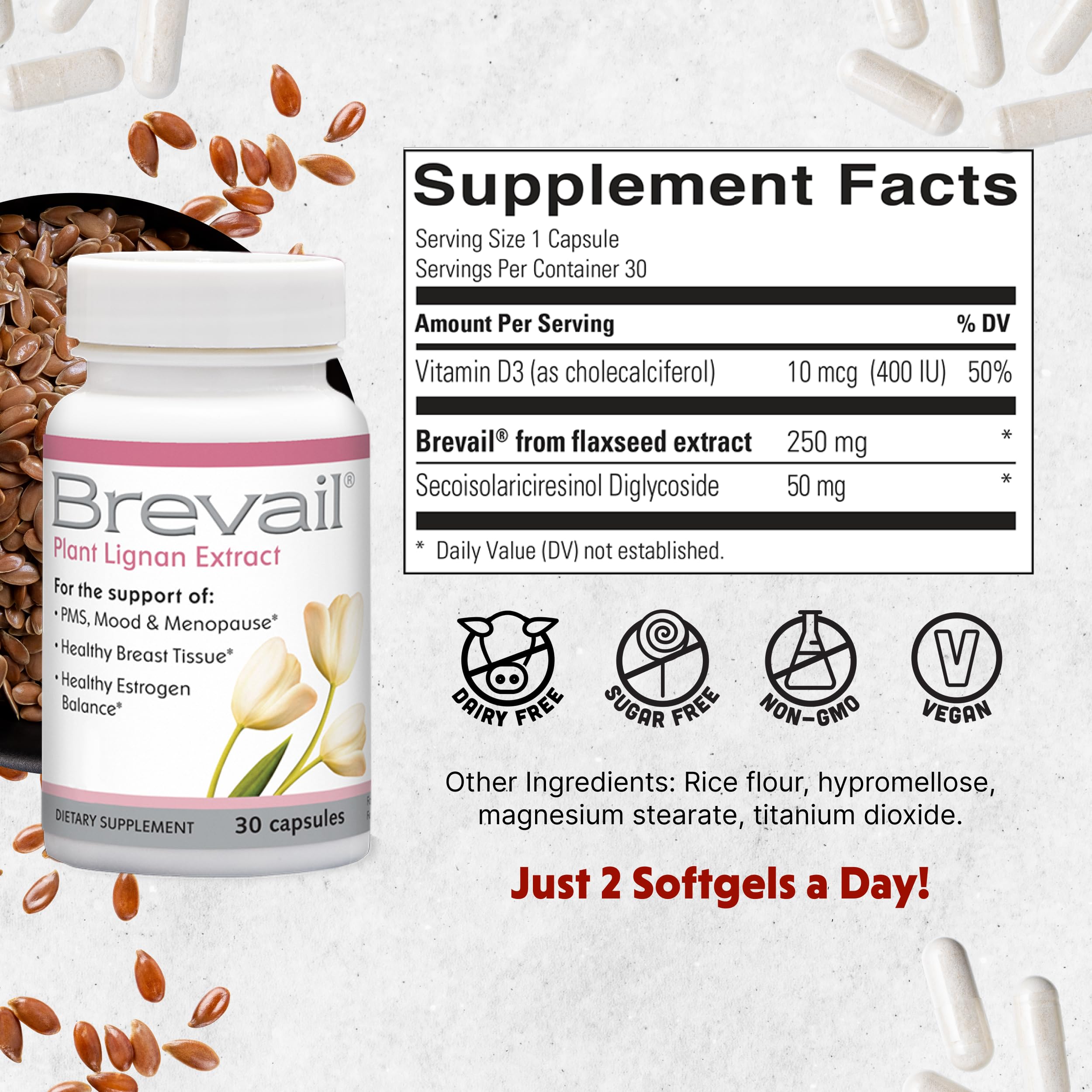 Brevail Plant Lignan Extract Capsules, Proactive Breast Health Supplement with 50 mg SDG Lignans from Flax Seed Hulls for Healthy Estrogen Balance and PMS Mood Support Pills, 30 Count Barlean'sAu supplements